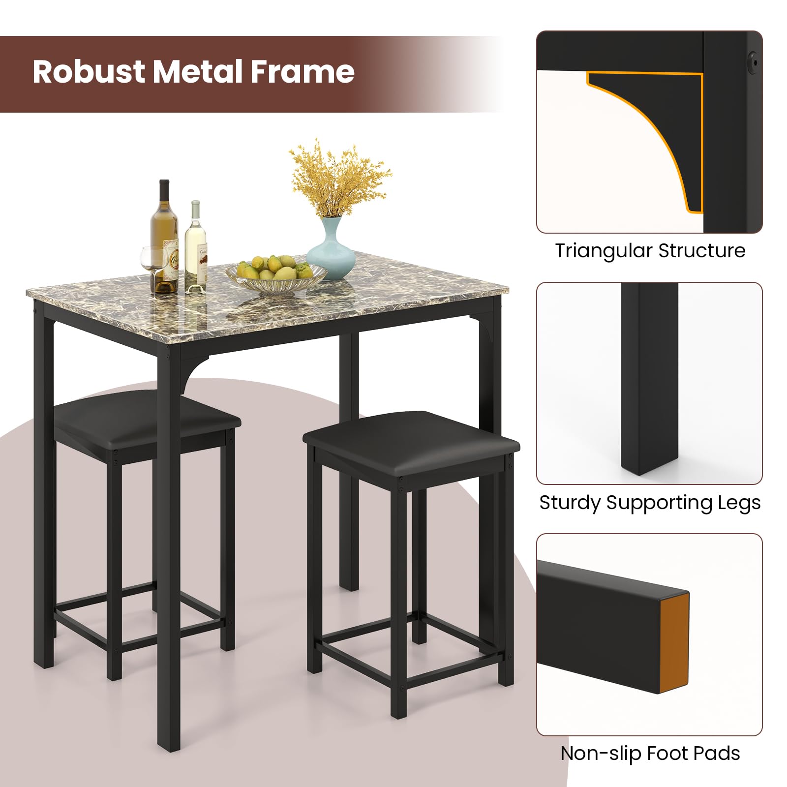 3-Piece Counter Height Dining Table Set with Faux Marble Top