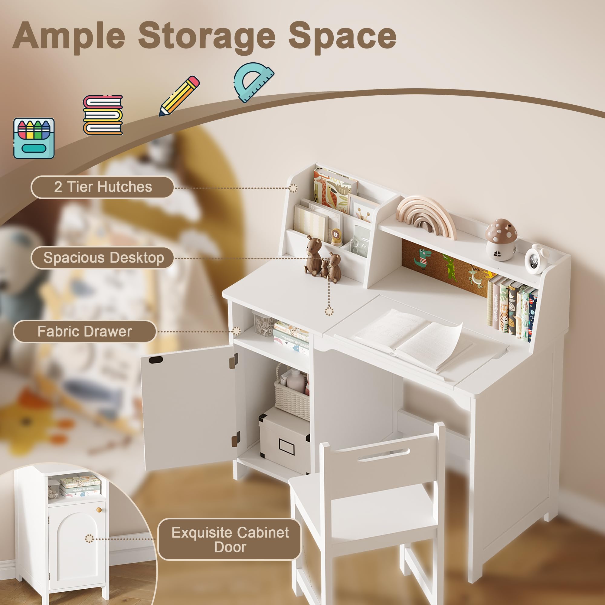 Kids Study Desk and Chair Set with Hutch and Tiltable Desktop