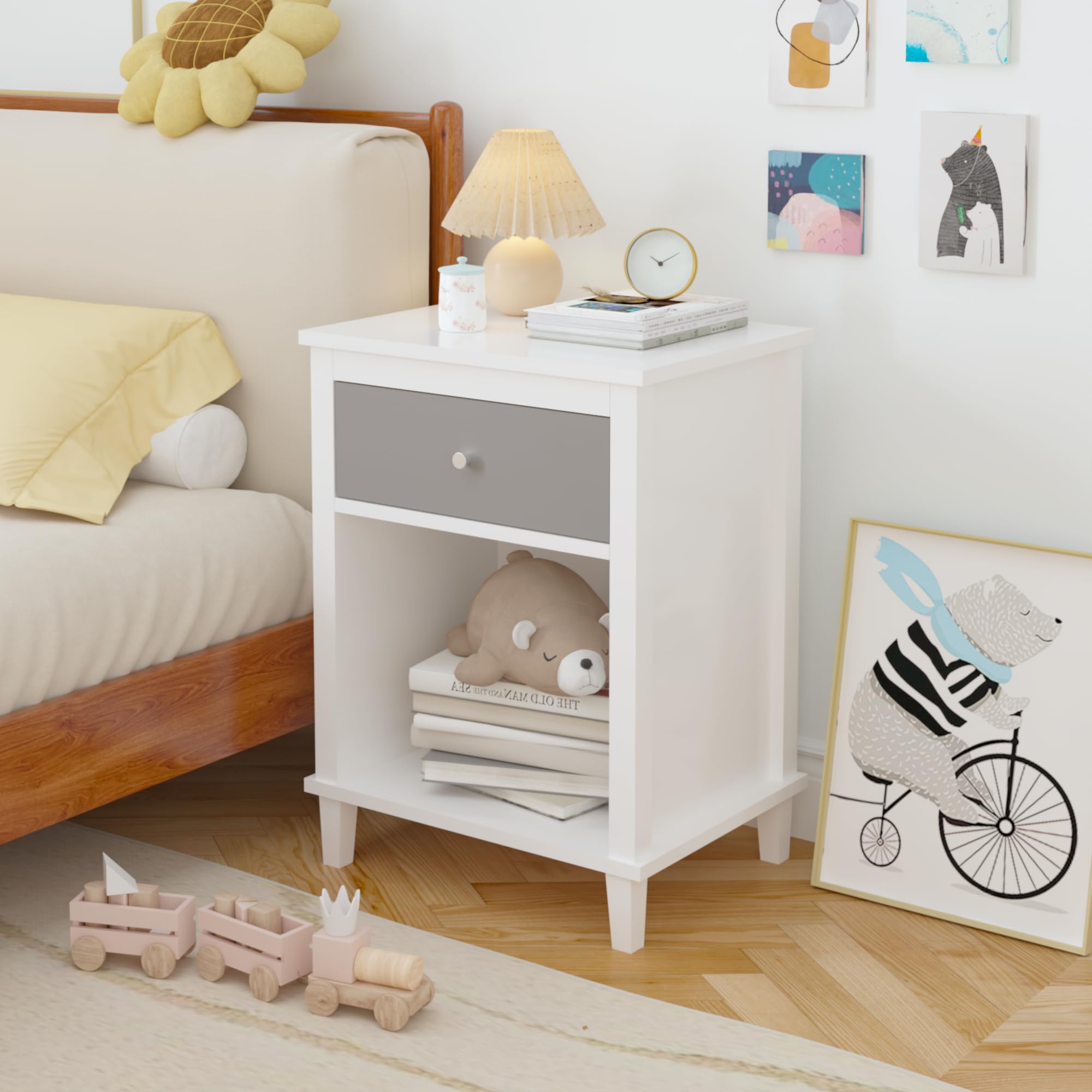 Kids Nightstand with Drawer and Storage Shelf