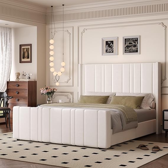 Pink Velvet Queen Bed Frame with Tufted Headboard