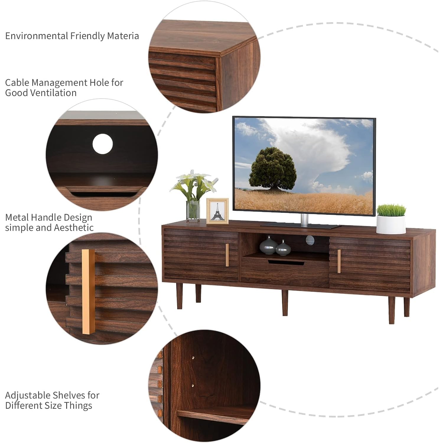 Mid-Century TV Stand 59" with Sliding Doors and Drawer