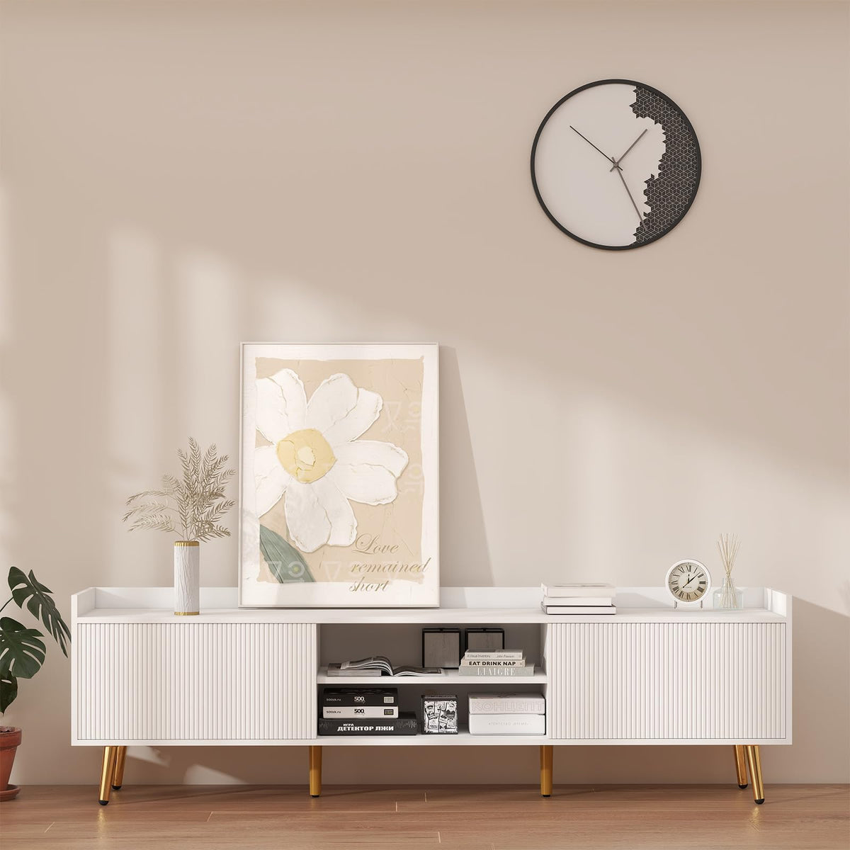 70 Fluted TV Stand with Sliding Doors and Storage