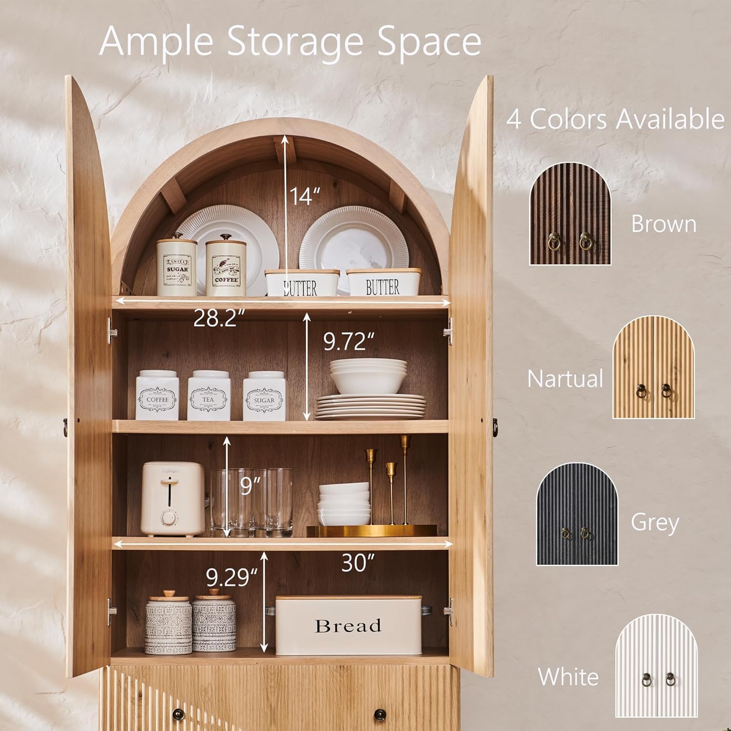 Fluted Arched Pantry Cabinet 71" Tall Kitchen Storage with Adjustable Shelves