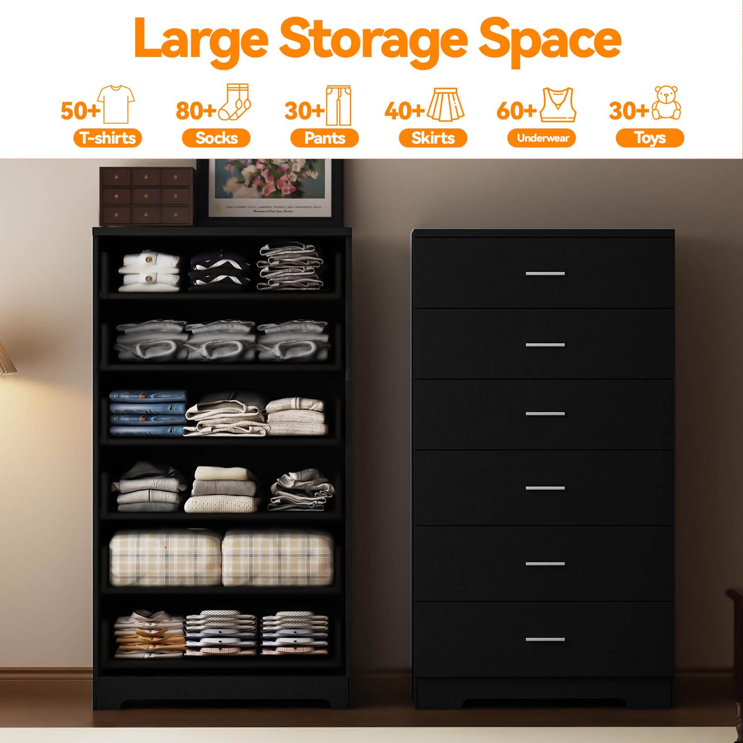 48" Tall Dresser with Charging Station - 6 Drawer Storage Organizer