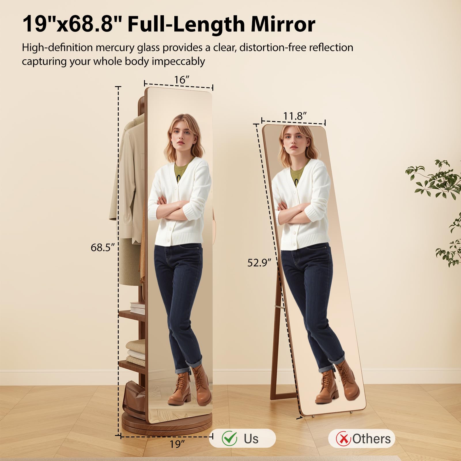 69" Full Length Floor Mirror with Storage Hooks