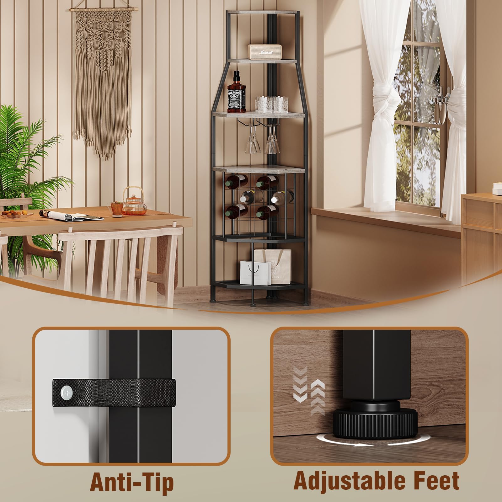 5-Tier Corner Wine Rack with Glass Holder