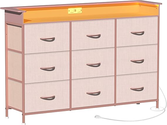 9-Drawer Dresser with LED Lights and Charging Station