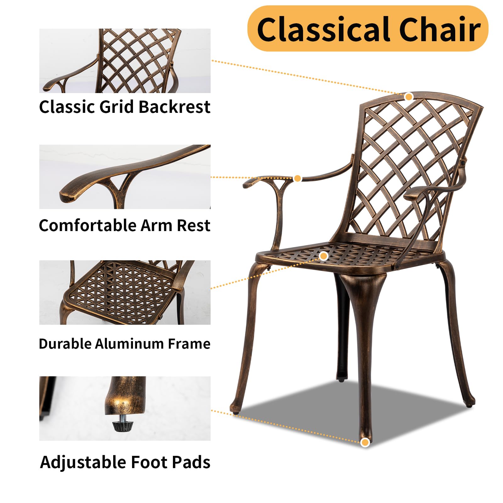 VINGLI 5 Pieces Outdoor Patio Dining Set, Cast Aluminium Patio Furniture Set with 4 Chairs and 1 Umbrella Table for Yard, Garden, Porch and Poolside, Bronze (Square Table)