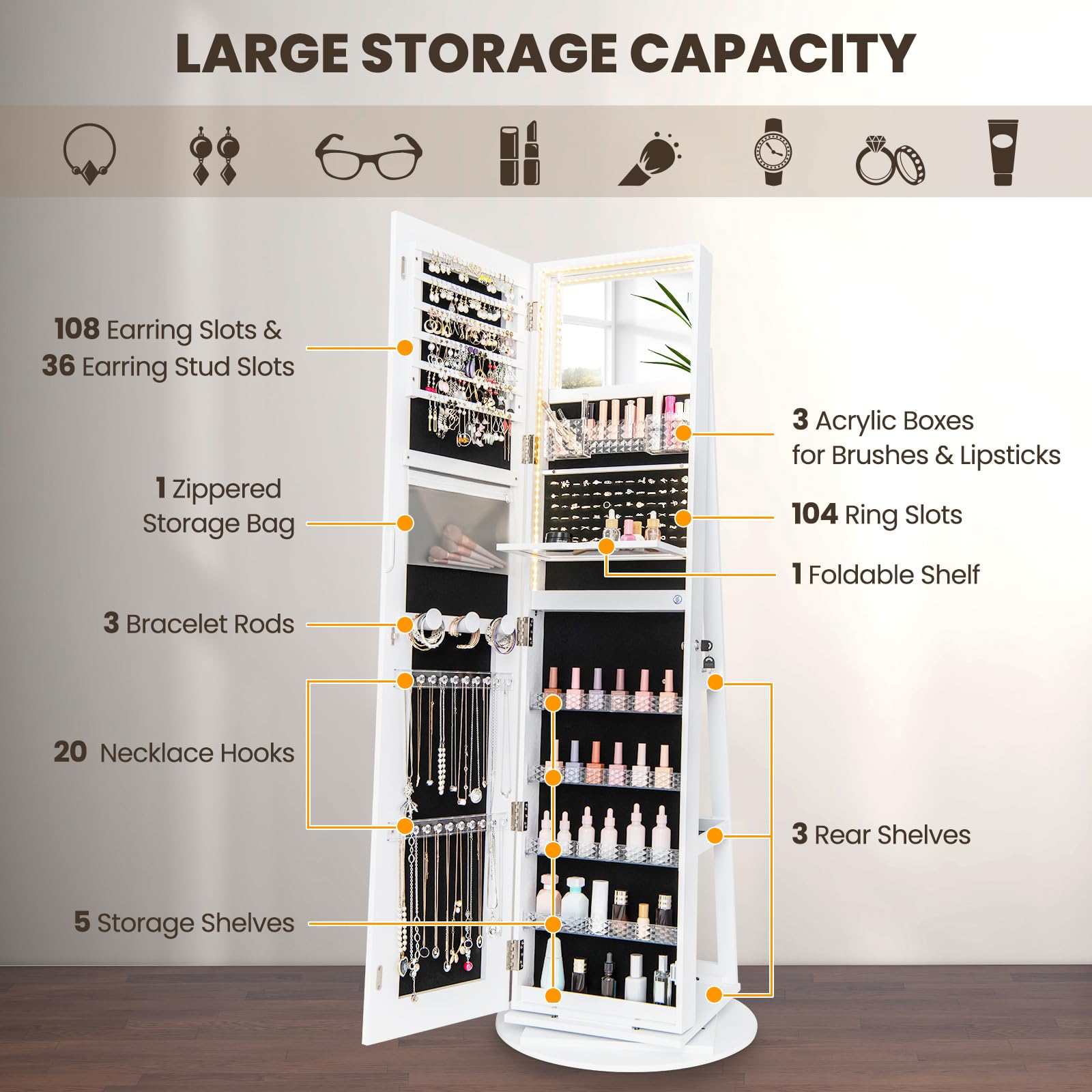 Swivel LED Mirror Jewelry Cabinet Armoire Full Length with Storage