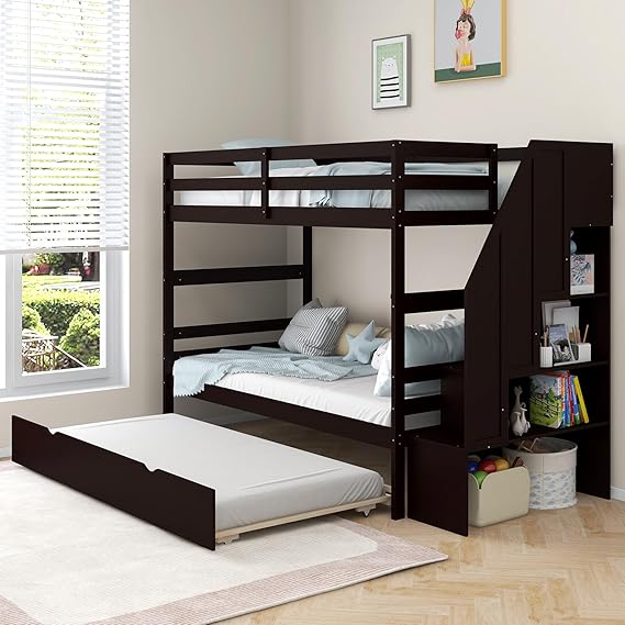 Twin Over Twin Bunk Bed with Trundle and Stairs