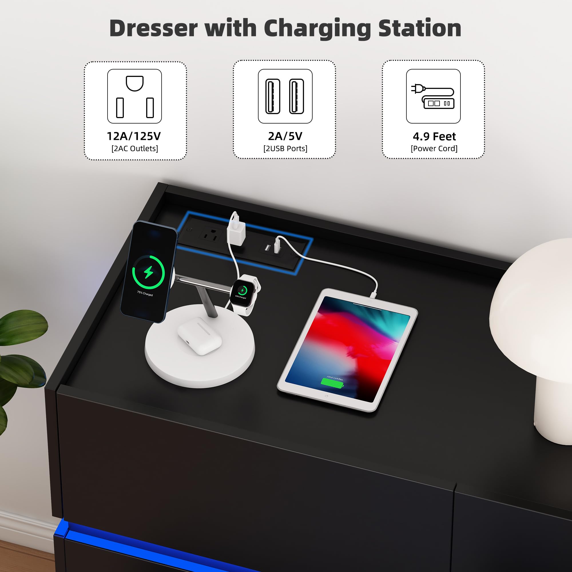 6 Drawer Dresser with Charging Station and LED Lights