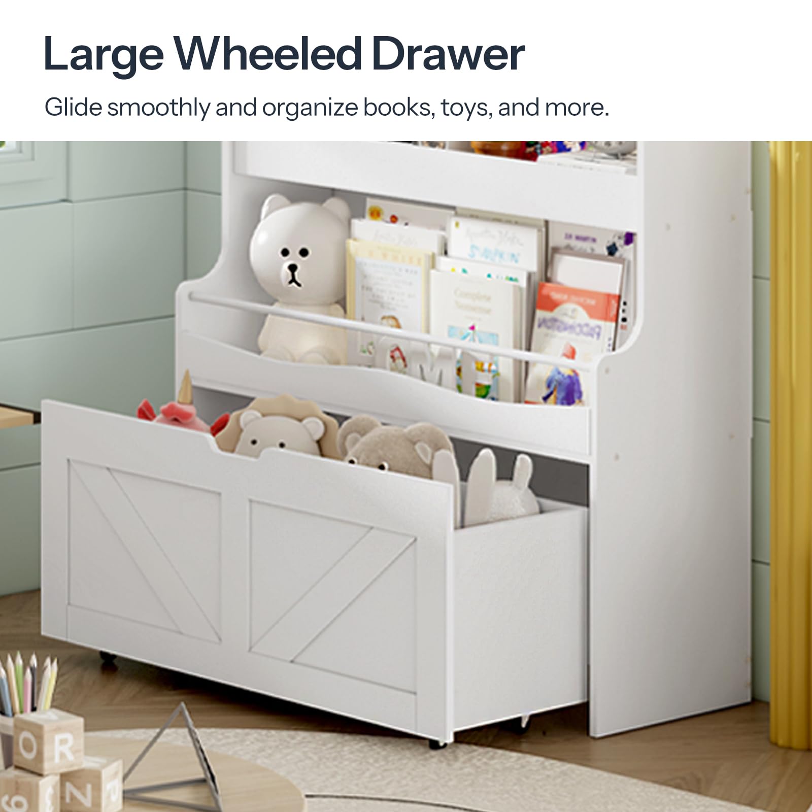Kids Bookshelf with Toy Storage and Movable Drawer