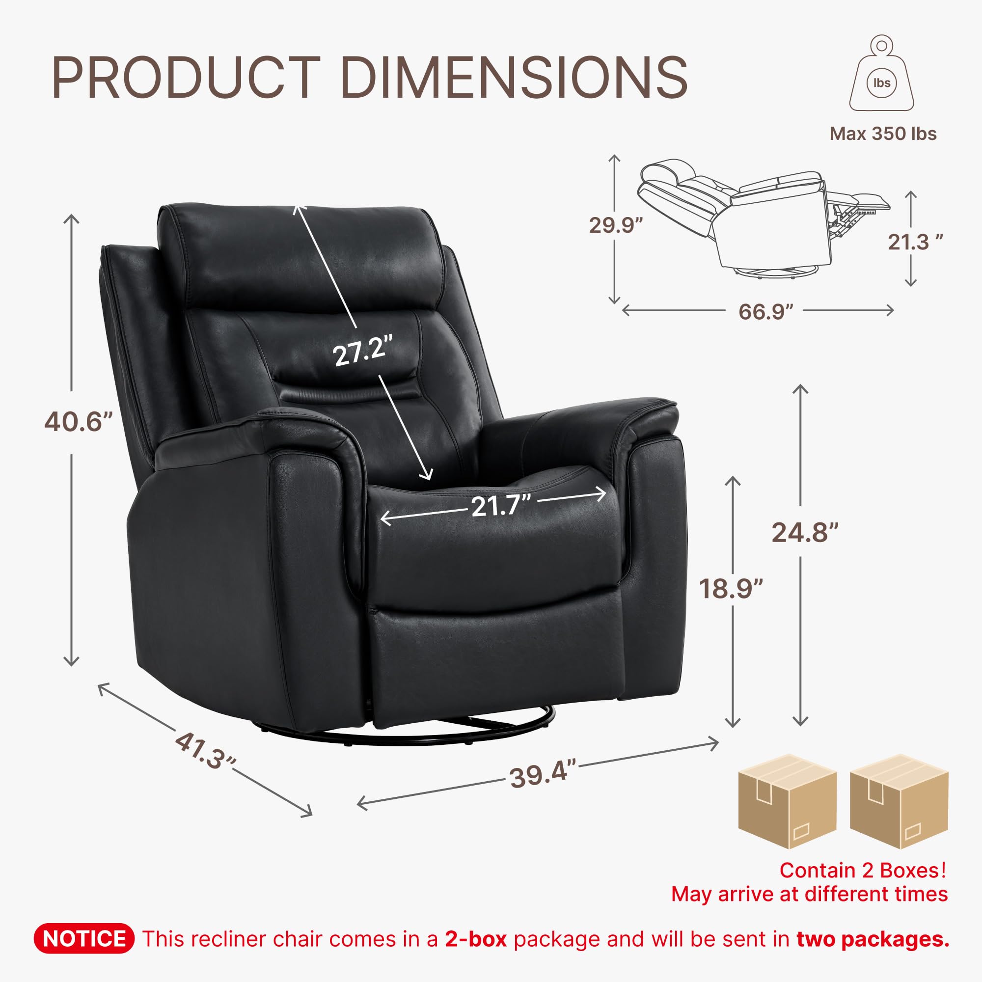 KISLOT Leather Recliner Chair, 360° Swivel Rocker for Adults Manual Rocking Reclining Chair with Adjustable Backrest Footrest for Living Room Bedroom Home Theater Seating