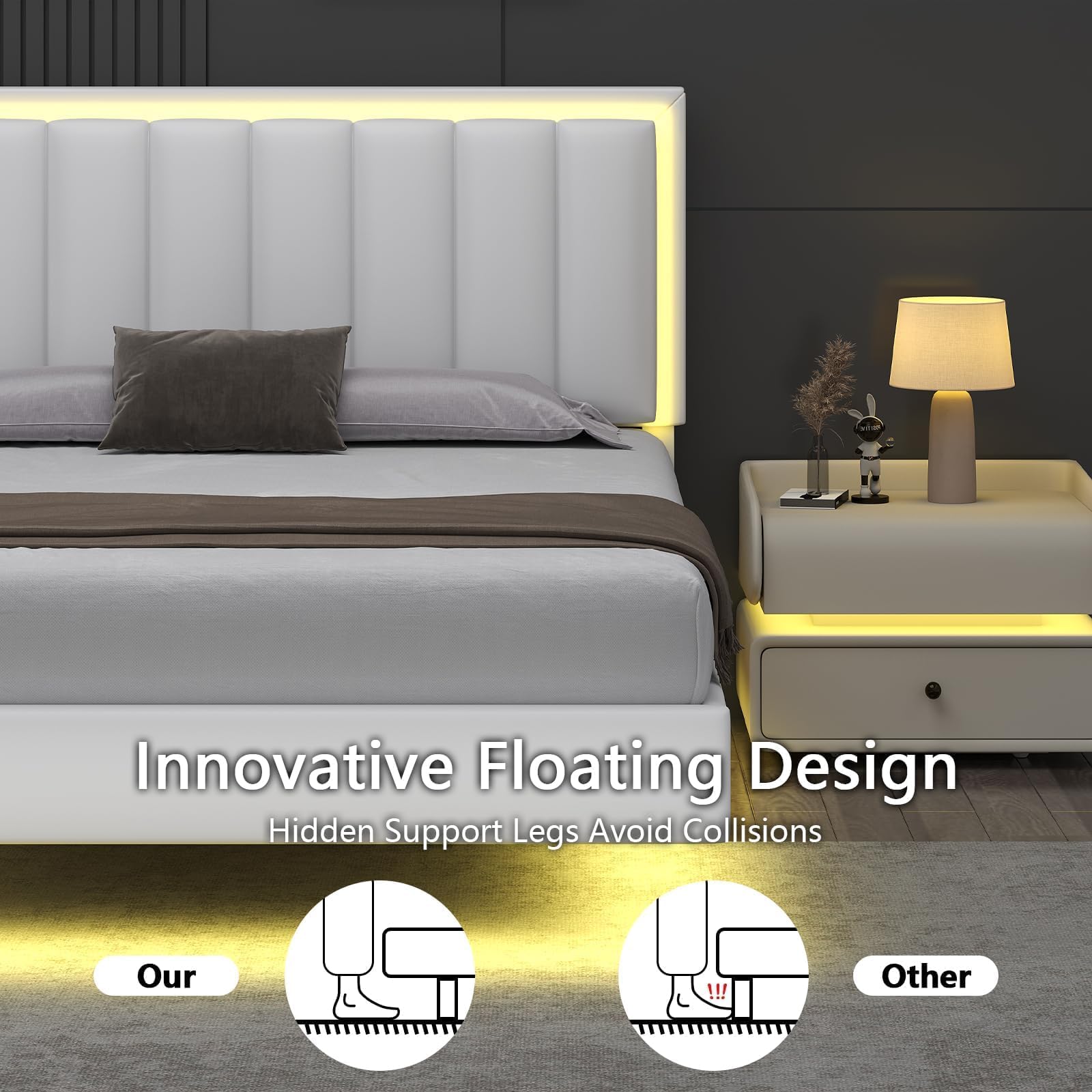 Floating Bed Frame King Size with LED Lights and Upholstered Headboard