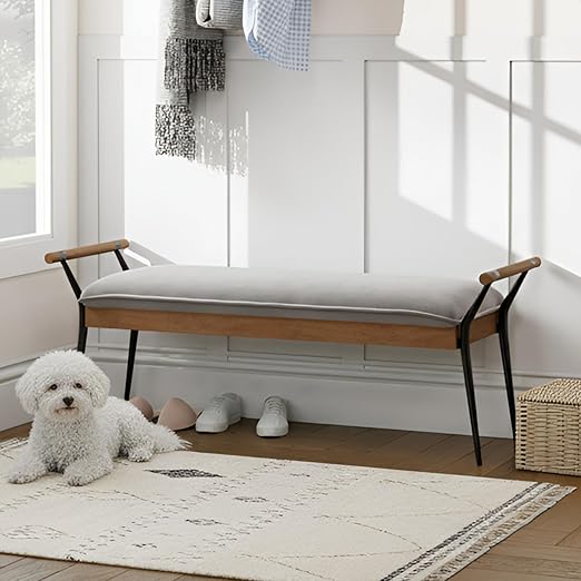 Modern Rectangle Ottoman Bench with Arms and Metal Legs