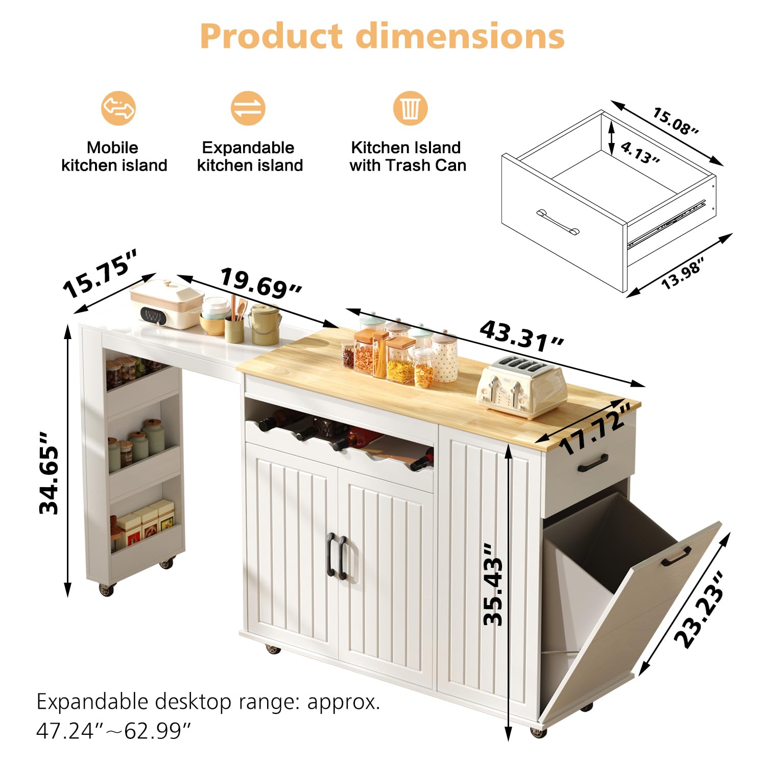 Rolling Kitchen Island with Extendable Dining Table and Storage