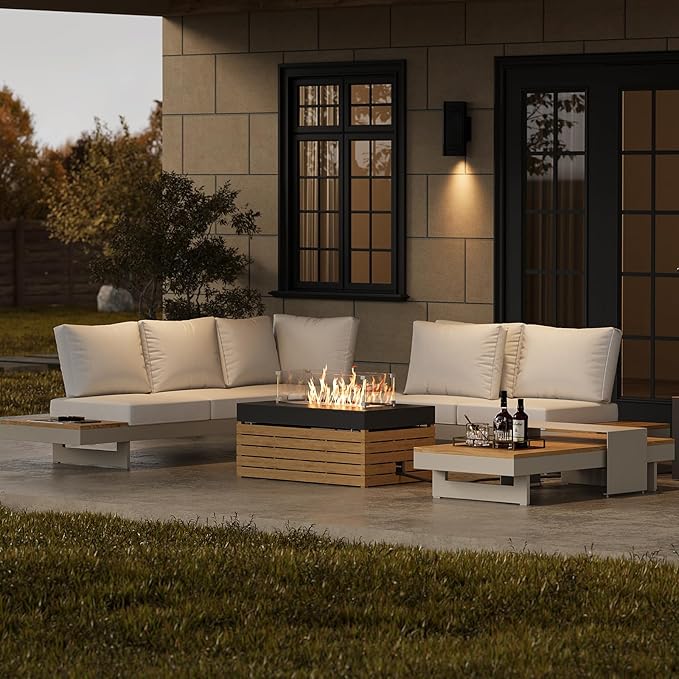 6 Piece Aluminum Teak Patio Sectional Sofa Set with Adjustable Backrests