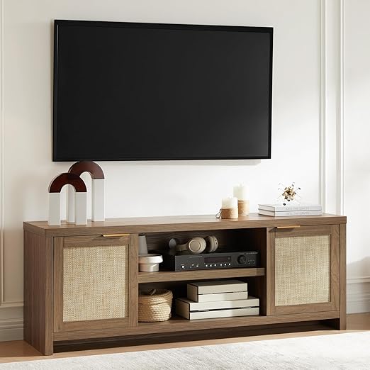 TV Stand with Rattan Doors for 50-65 Inch TVs
