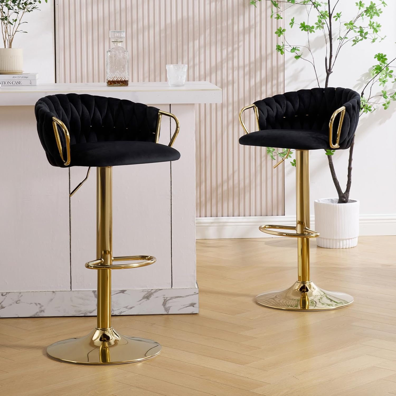 Velvet Bar Stools Set of 2 with Woven Back