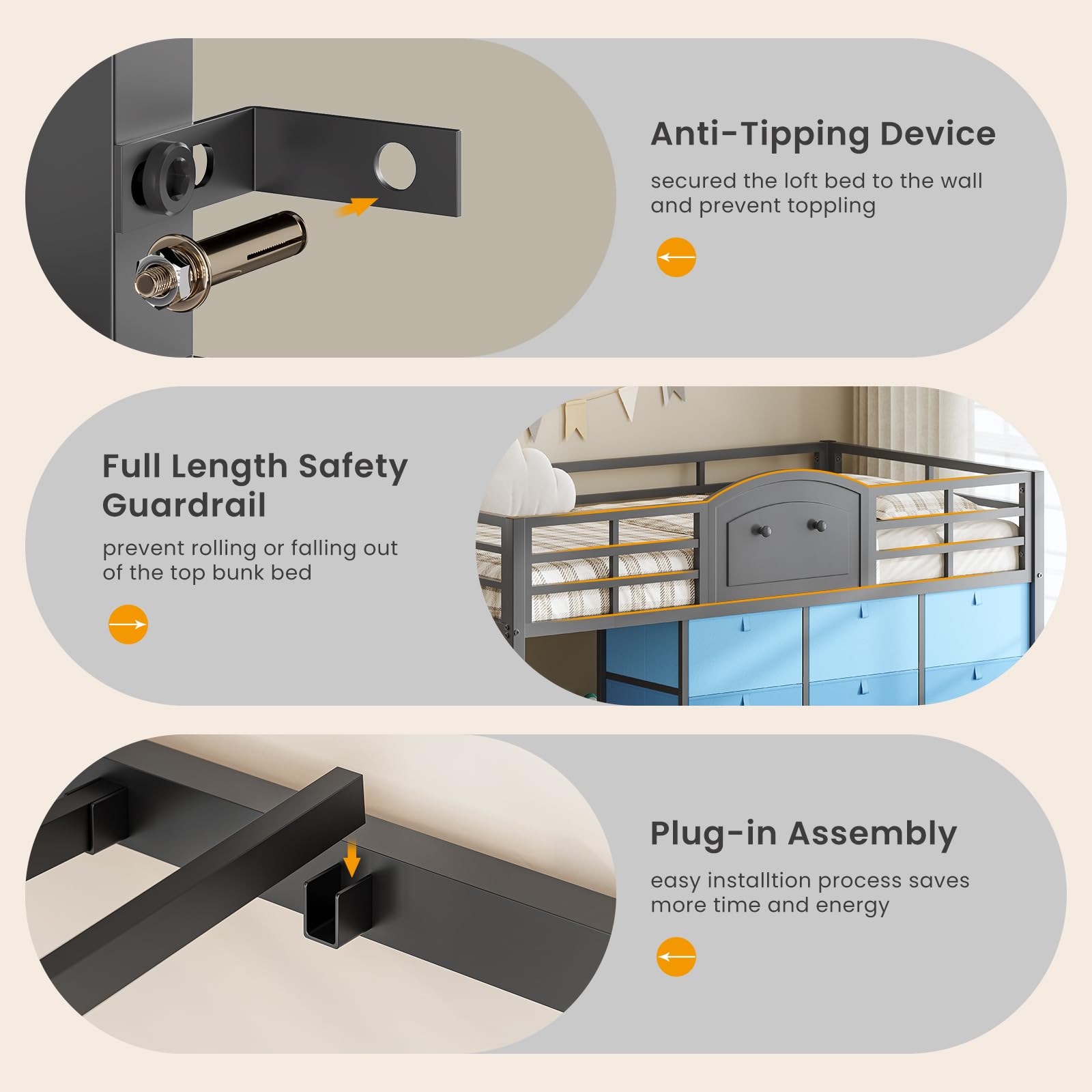 Low Loft Bed Twin Size with 9 Storage Drawers and LED Lights