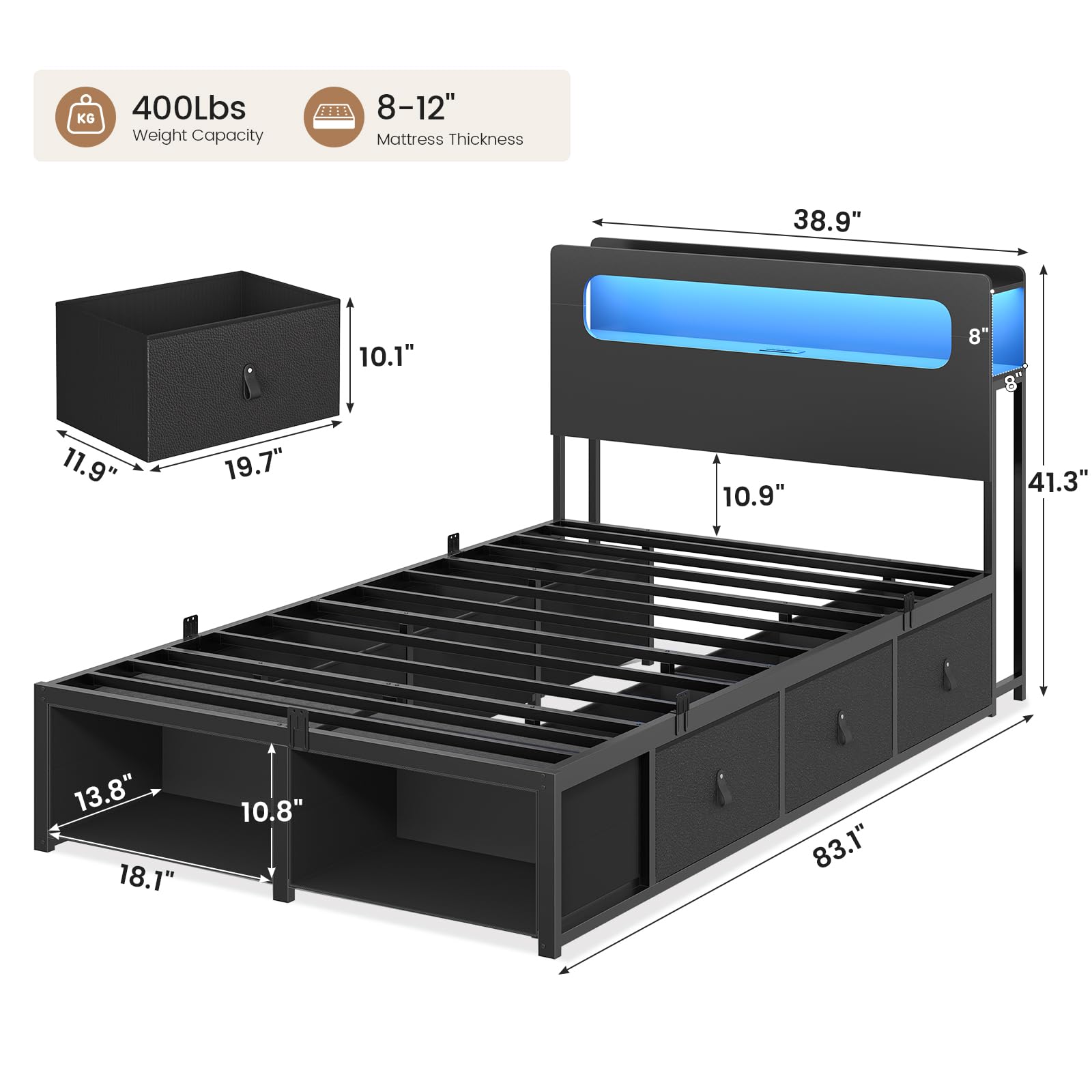 ADORNEVE Twin Bed Frame with 6 Storage Drawers & 2-Tier LED Headboard – Kids Boy Bed with Power Outlets & RGB Lights, 2 Footboard Cubbies– Space-Saving No Box Spring Needed, Black