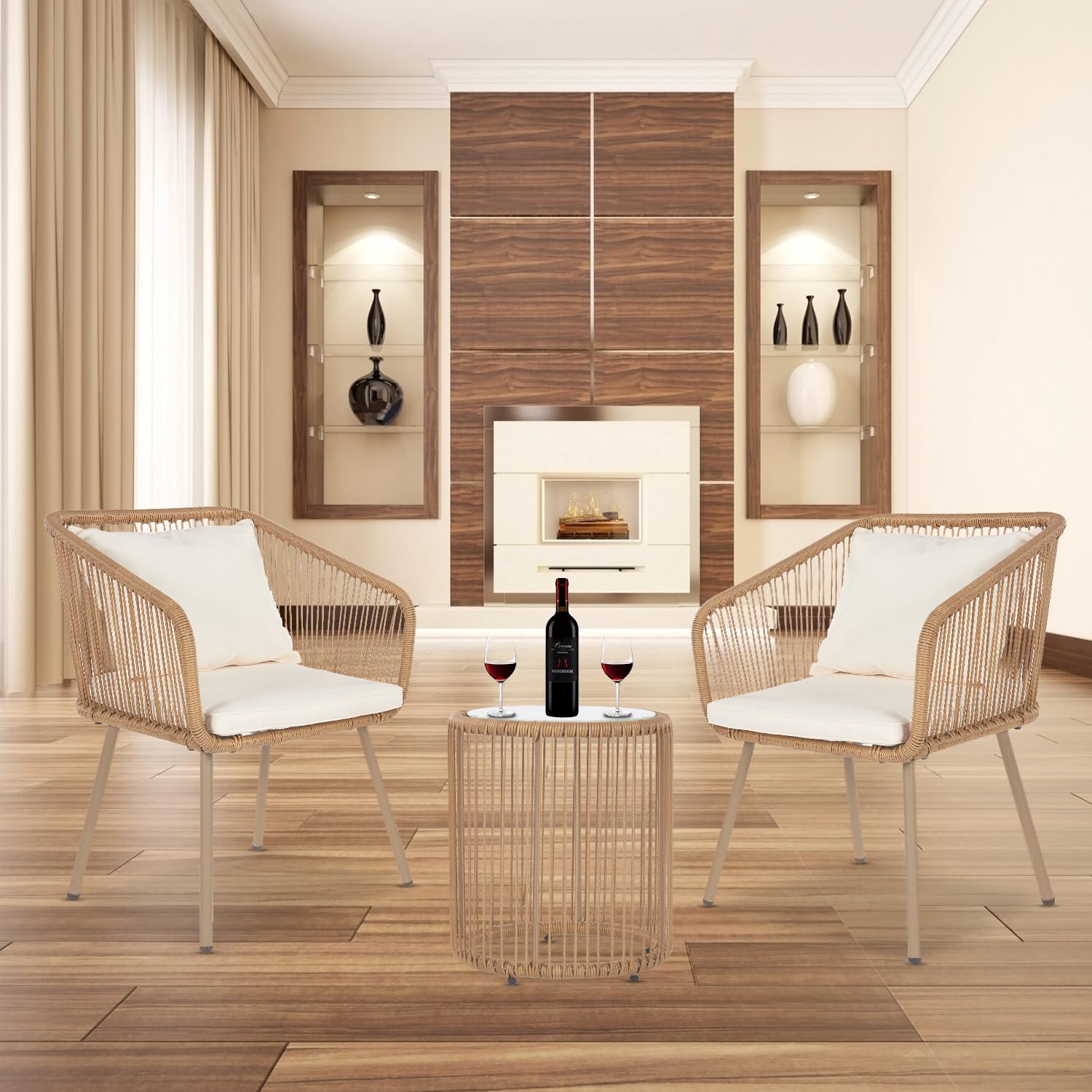 3-Piece Rattan Patio Bistro Set with Cushions