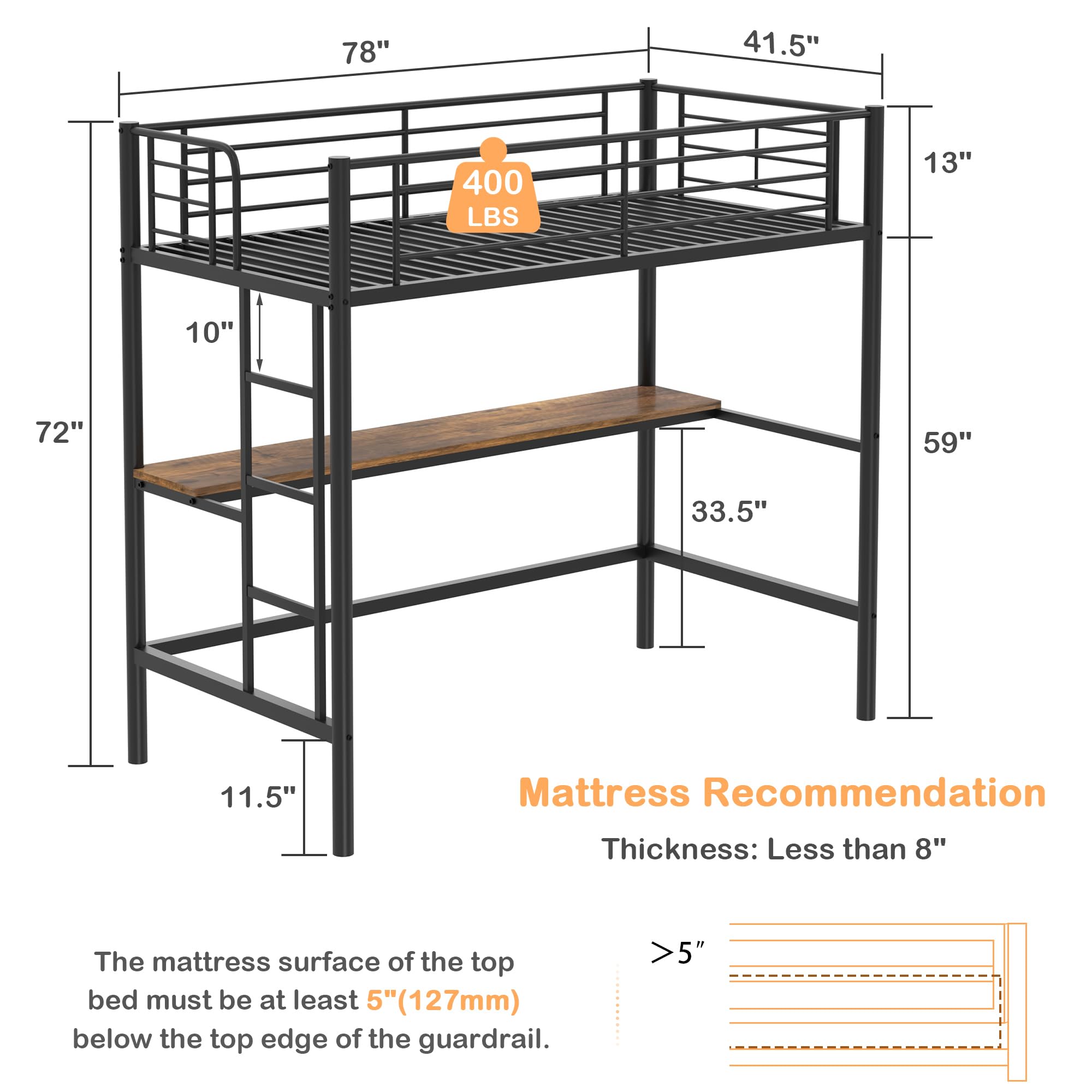 Twin Loft Bed with Desk and Ladder