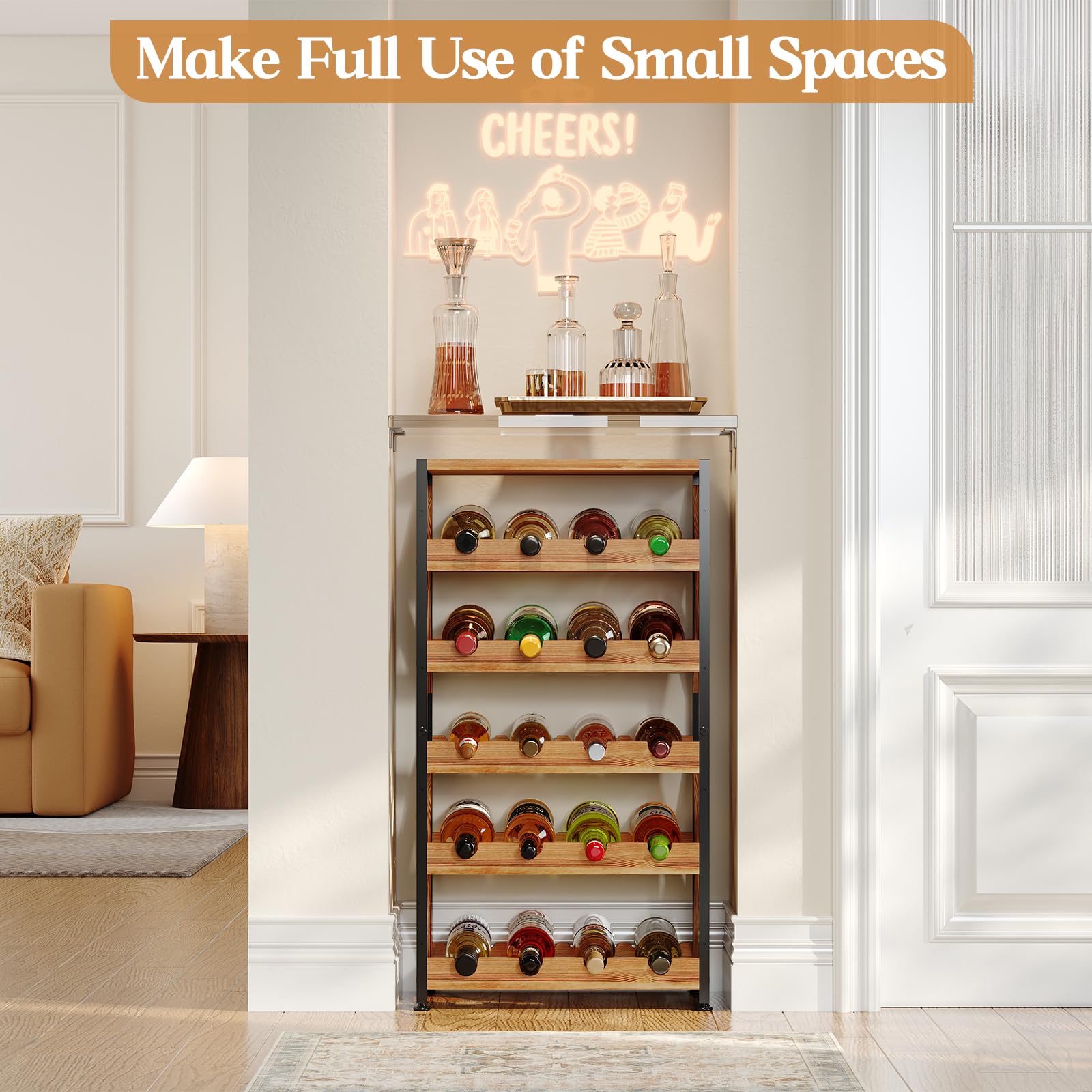 20 Bottle Wine Rack Freestanding Floor with Wood Top