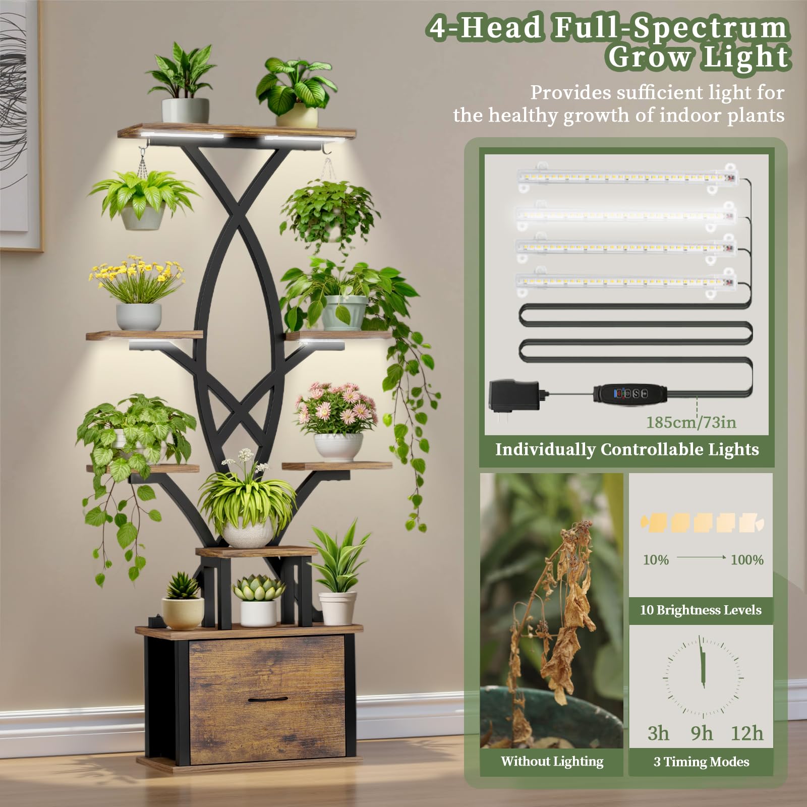 8-Tiered Plant Stand with Grow Lights and Storage Drawer