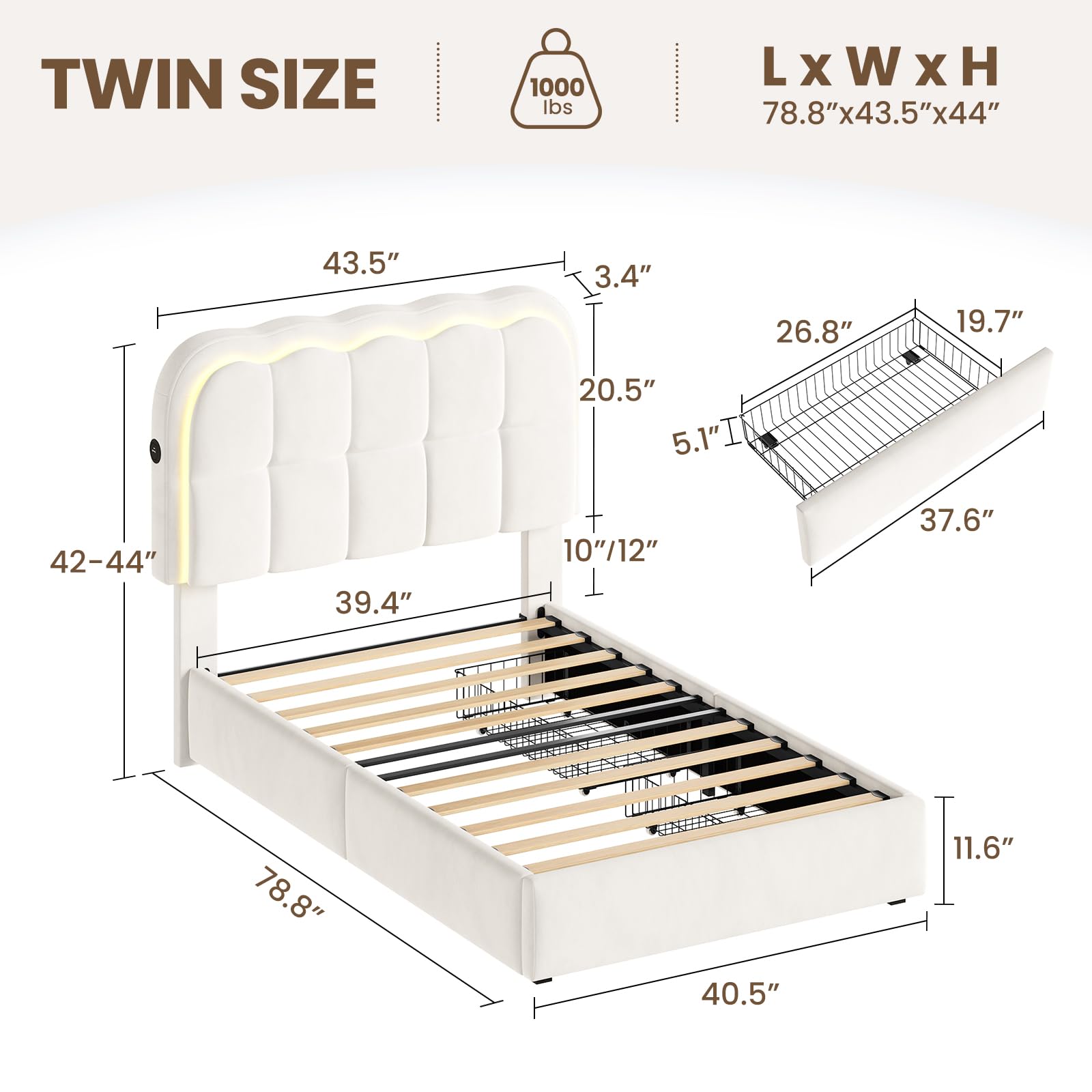 Twin Velvet Platform Bed with Storage & LED Headboard