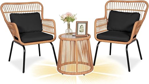 3 Piece Outdoor Wicker Bistro Set with Cushions