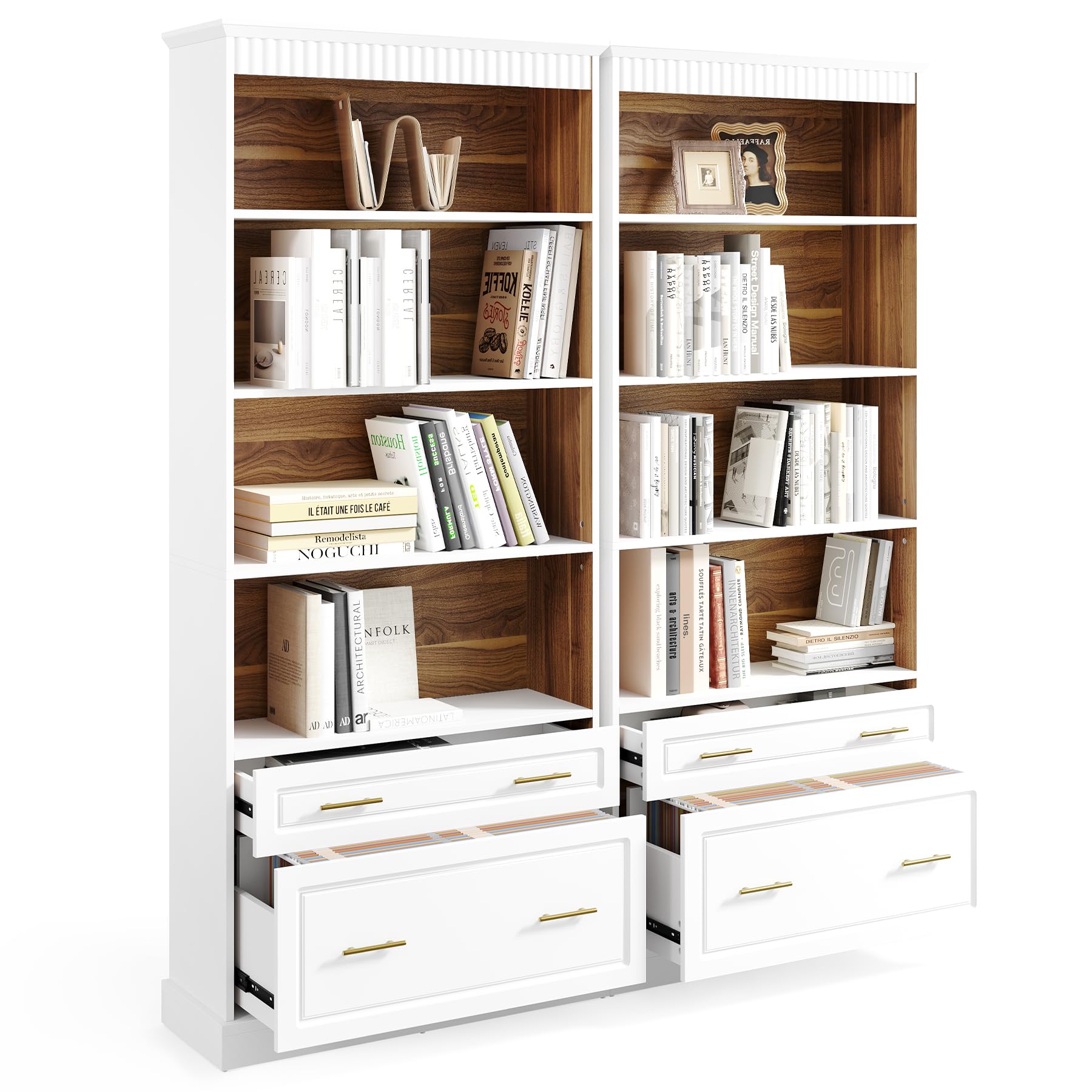 5-Tier Tall White Bookcase with Drawers