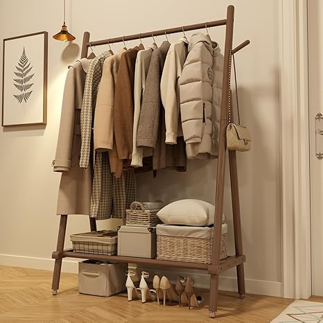 Solid Wood Rolling Clothing Rack with Shelves