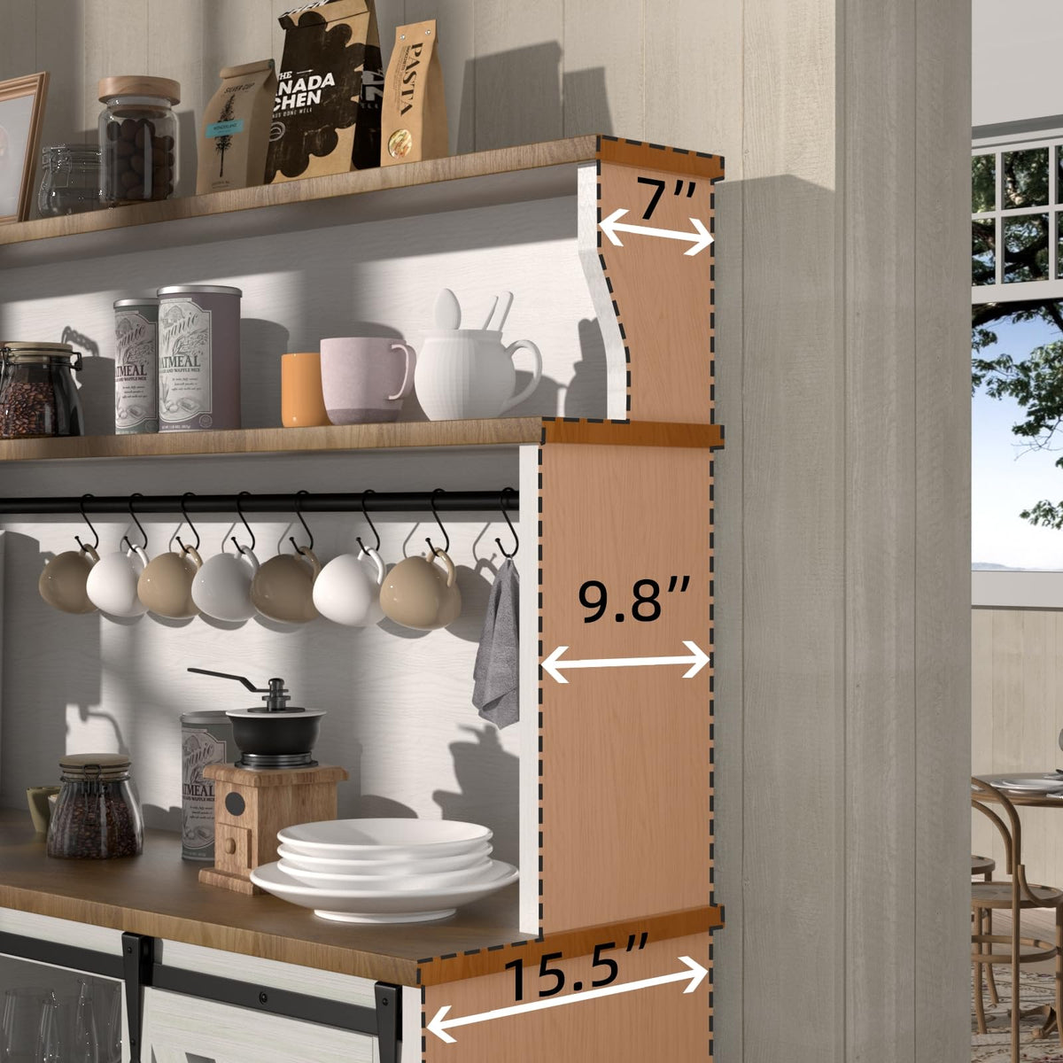 Farmhouse Coffee Bar Cabinet with 3-Tier Storage Hutch