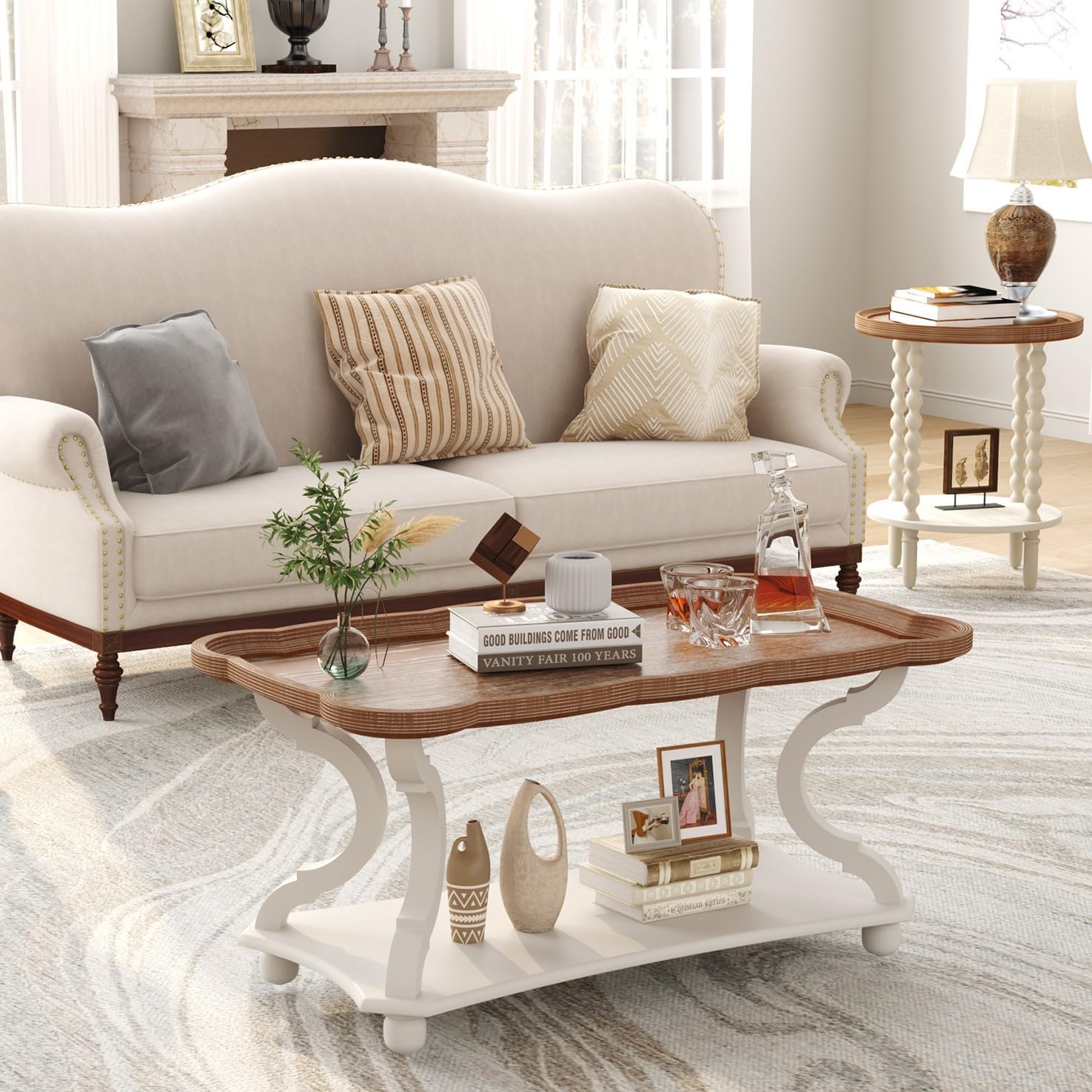 Function Home Farmhouse Coffee Table, 2-Tier Center Table with Storage Shelf, 39.8" French Country Rectangle Accent Table with Natural Tray Top and Curved Legs for Living Room Balcony, Vintage White