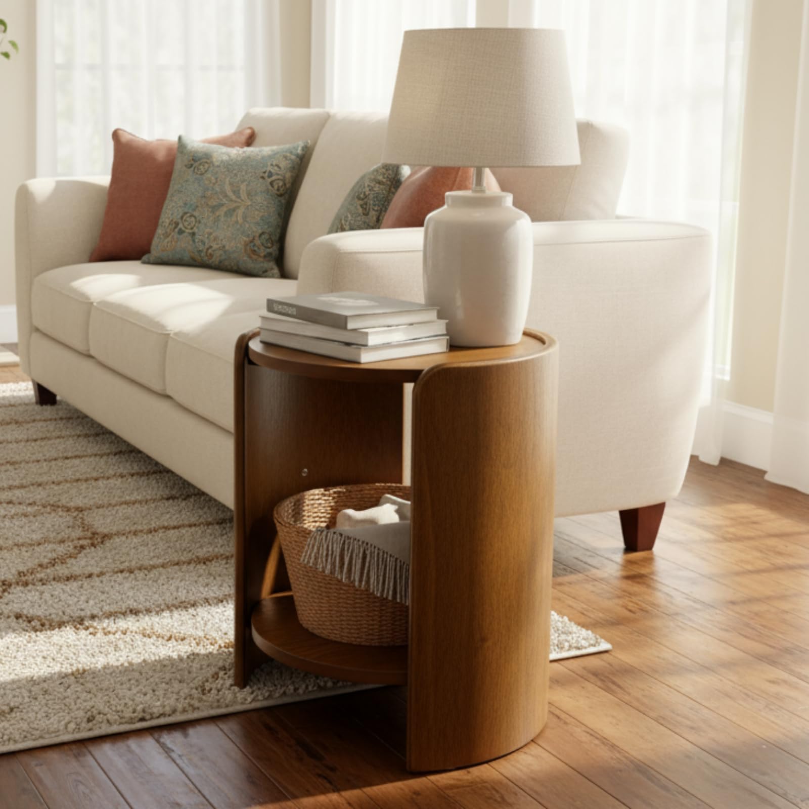 DUOMAY Wood Side Table, 15.5" Wide Round End Table with Storage Shelf Mid Century Modern Bedside Table for Living Room Apartment, Walnut Color