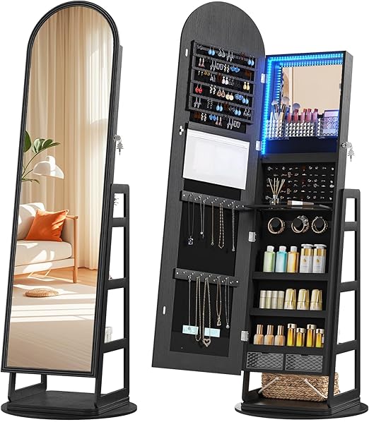 Arched Mirror Jewelry Cabinet with LED & 360° Swivel