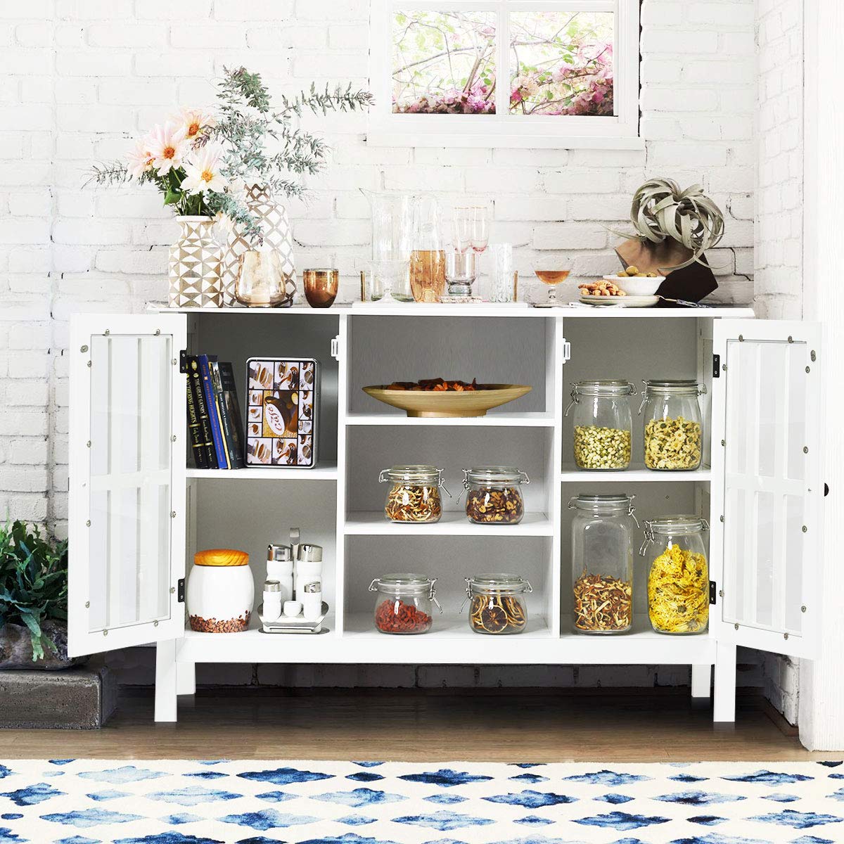 White TV Stand Entertainment Center with Storage Cabinets