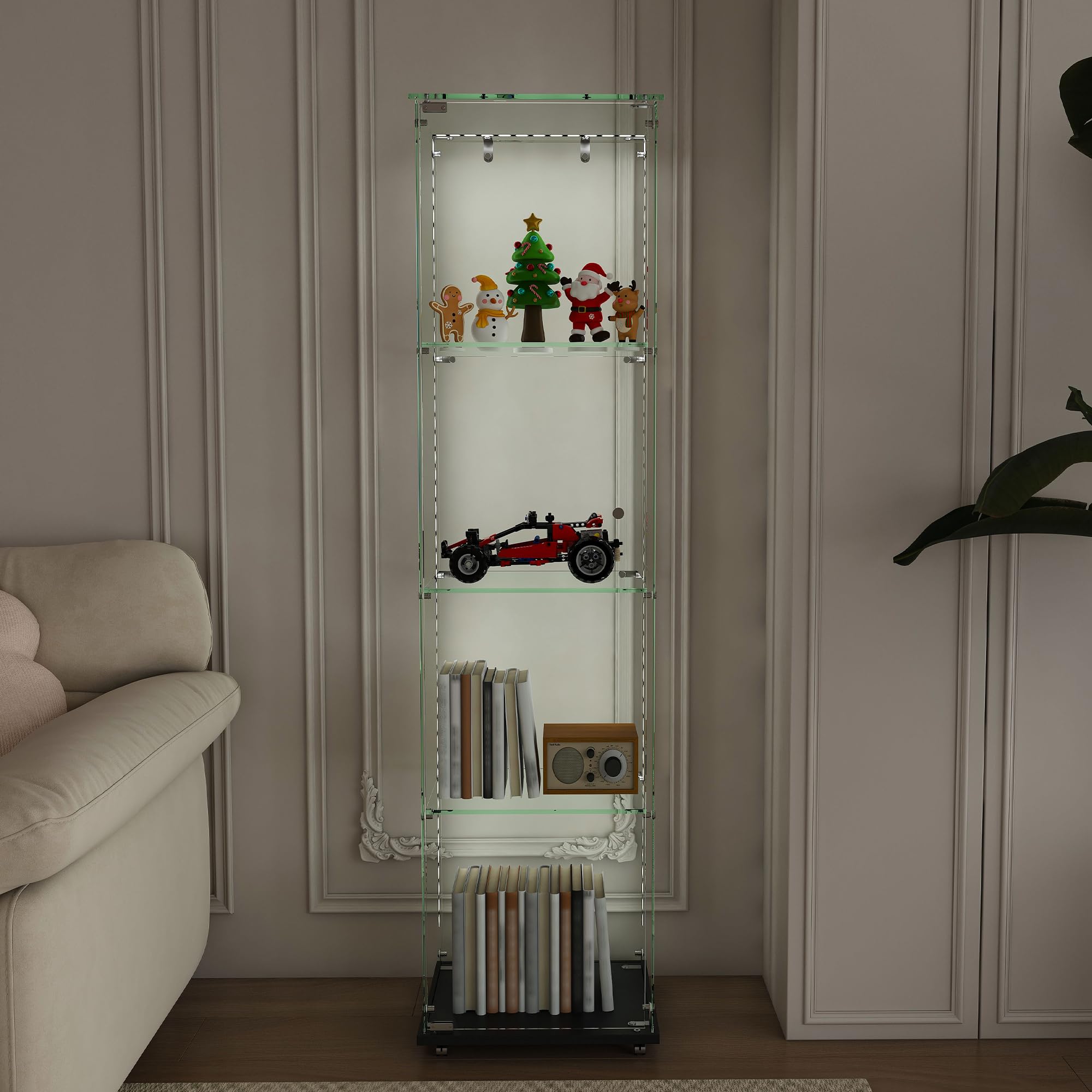 Glass Display Cabinet with LED Light and Wheels