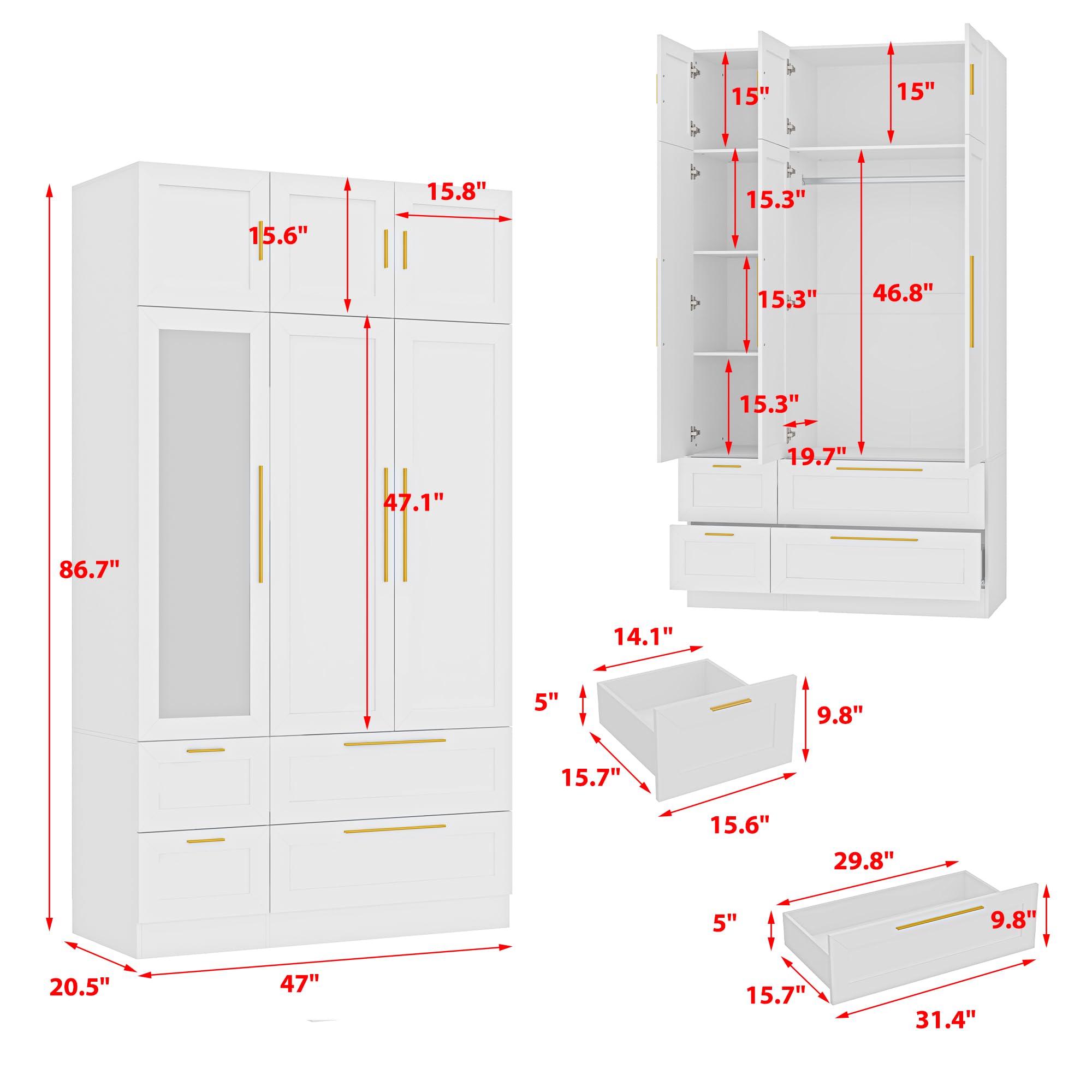 3-Door Wardrobe Closet with Mirror and Drawers