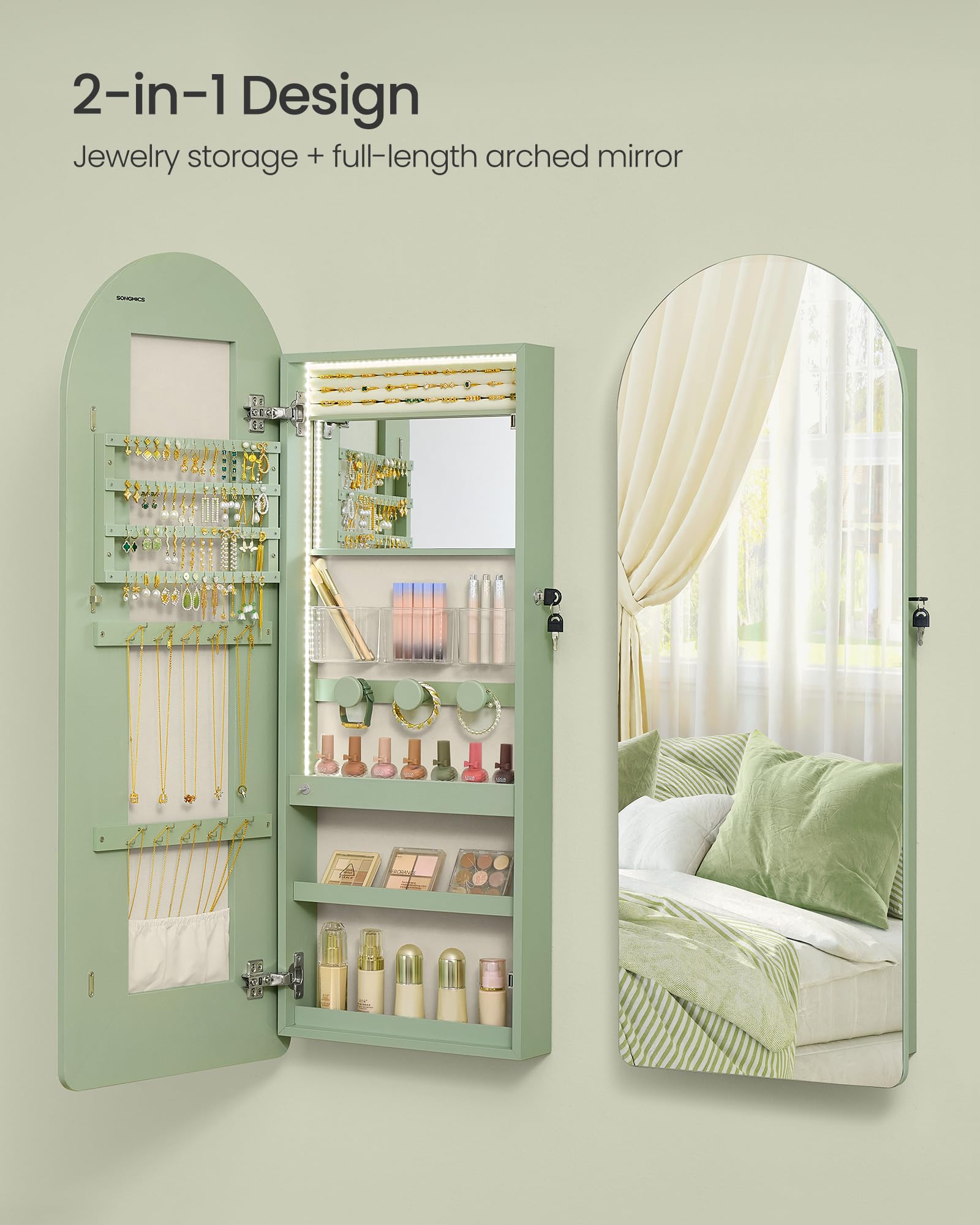 Wide LED Jewelry Cabinet with Arched Mirror