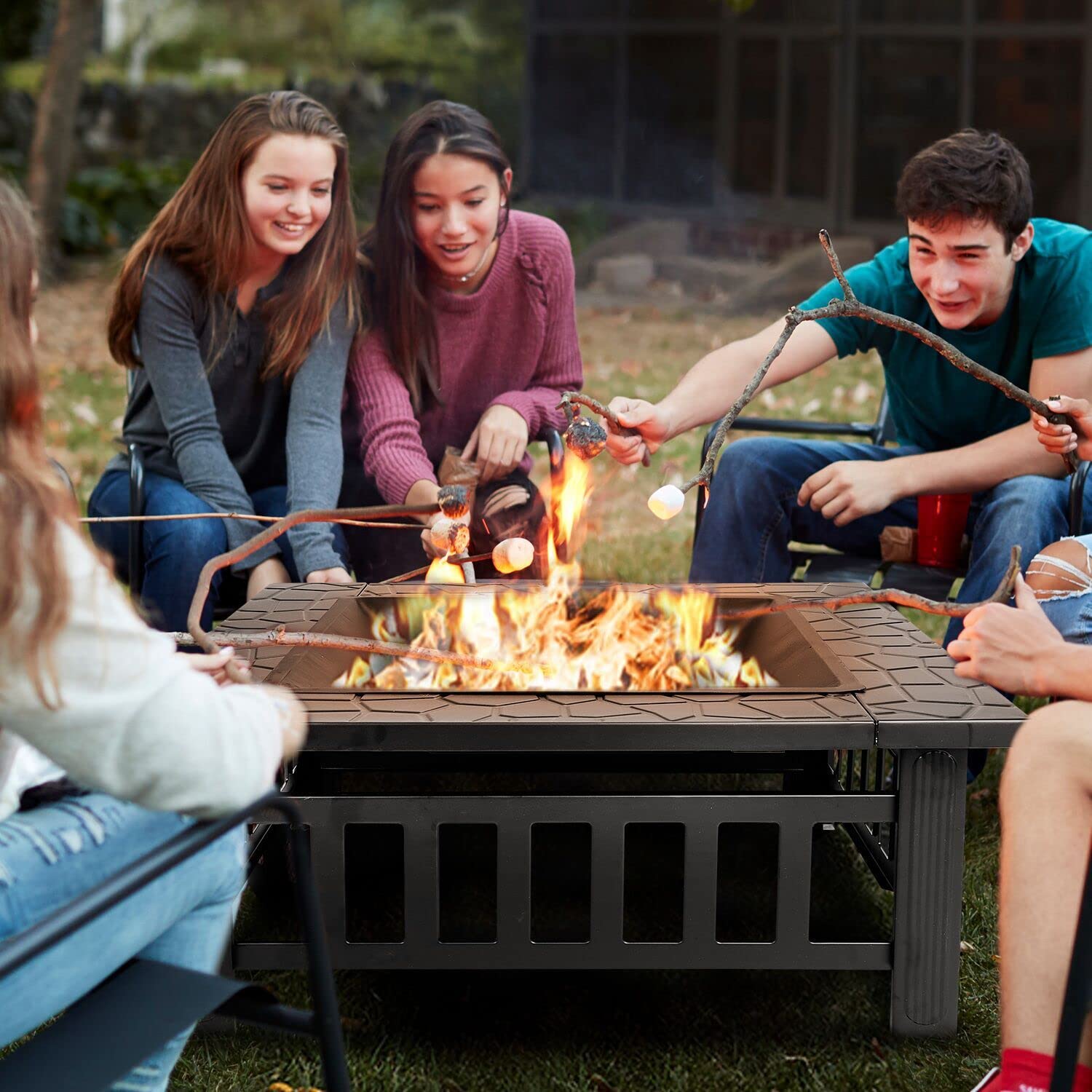 32 Inch Outdoor Fire Pit with Grill Wood Burning Square Metal