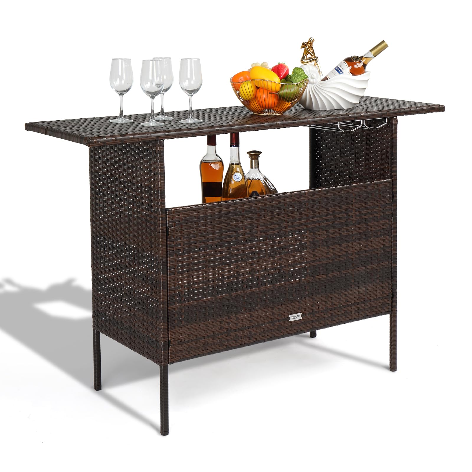 Wicker Outdoor Bar Table with Steel Shelves and Storage