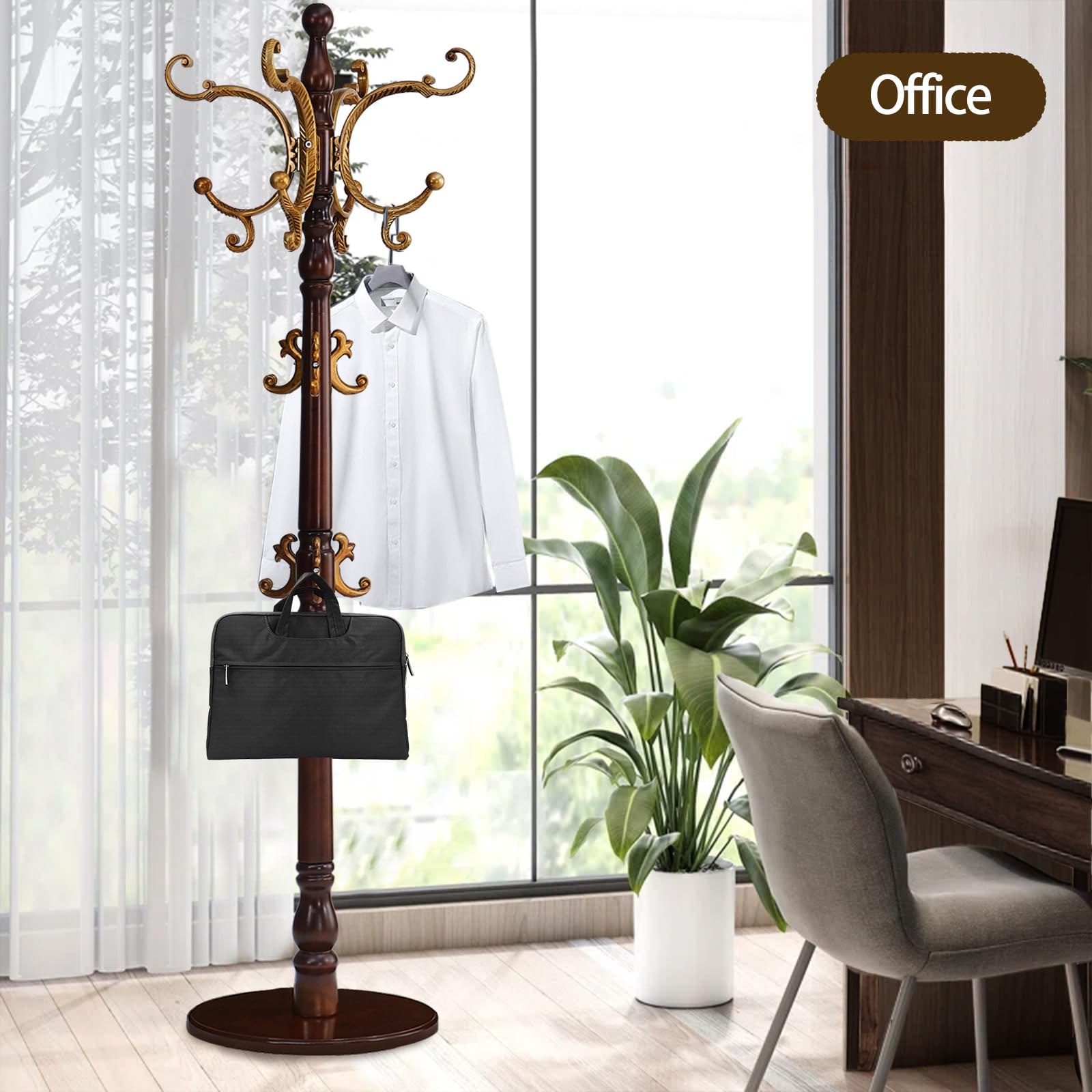 Wooden Coat Rack Stand with 14 Hooks