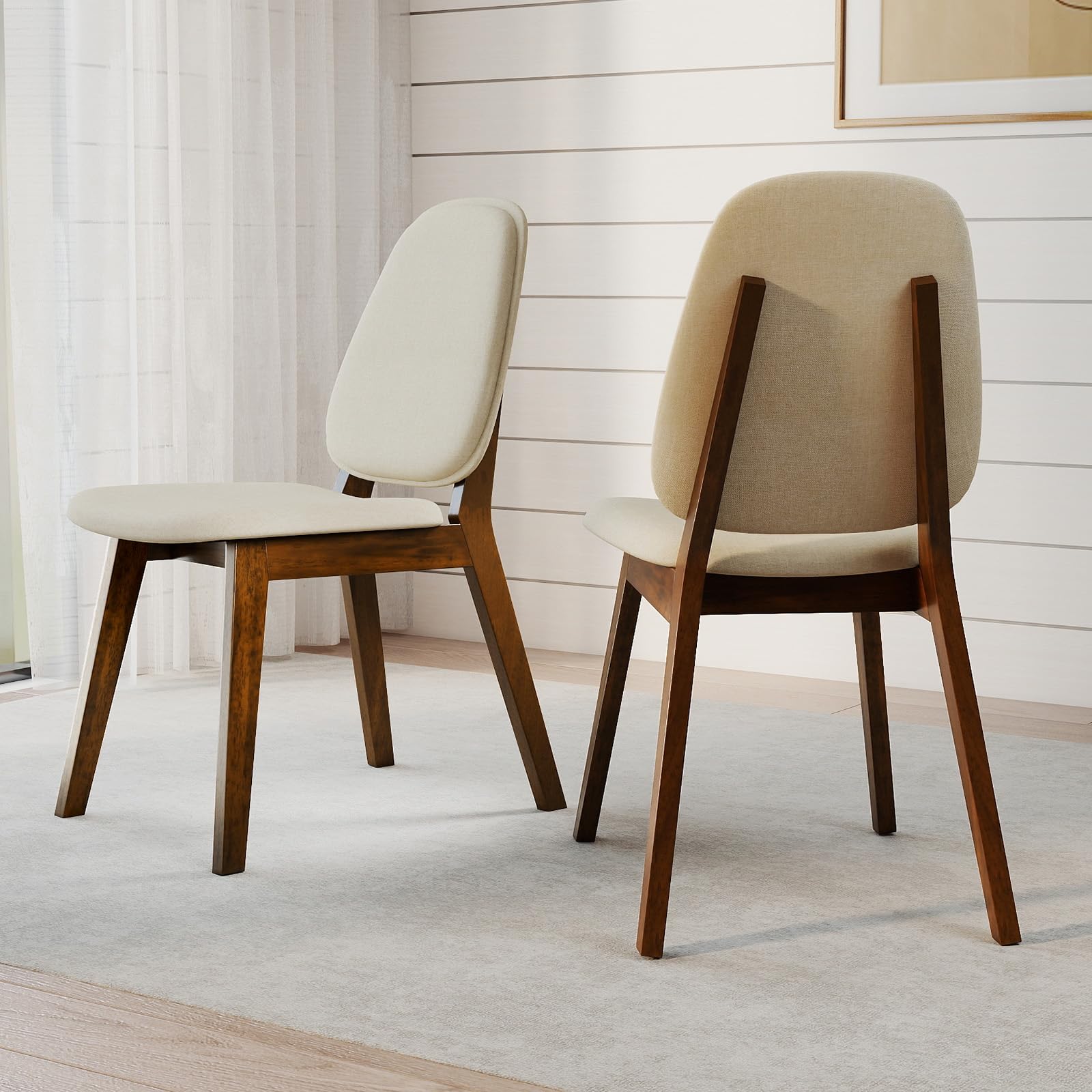 Wooden Dining Chairs Set of 4 - Linen Upholstered with Curved Back