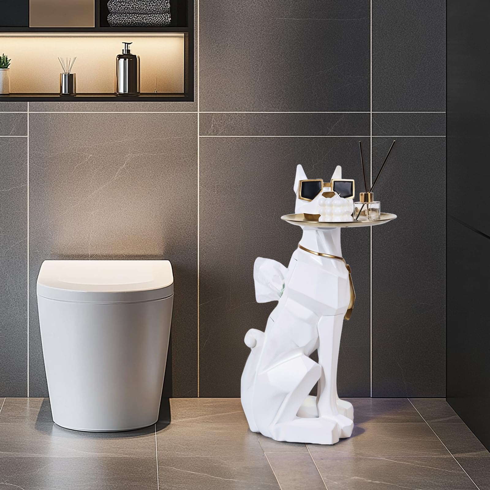 Resin Dog Side Table with Tray and Tissue Box Holder