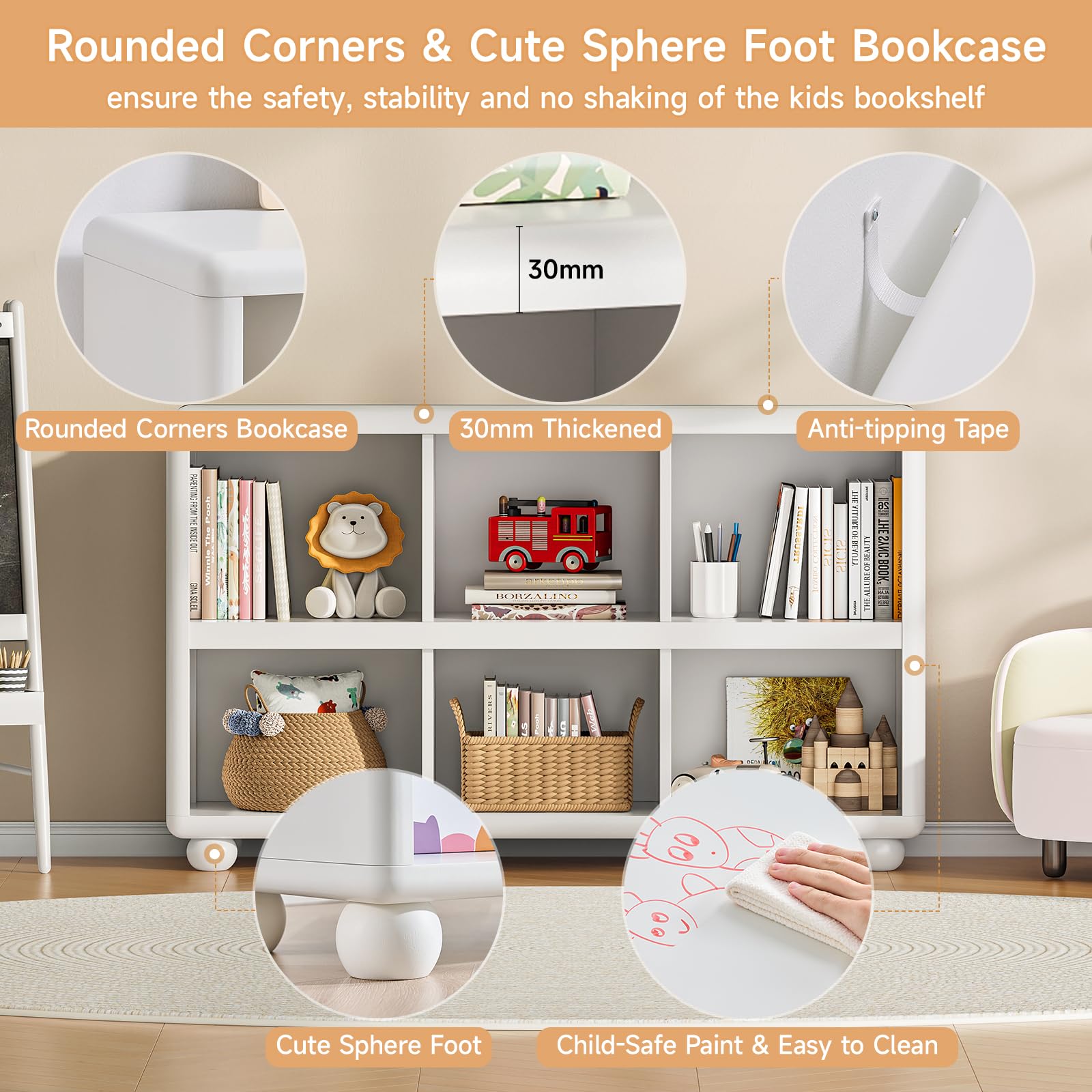 ONBRILL Wooden Bookcase with 6 Cube Storage, Kids Bookshelf with Sphere Foot, Sturdy Toy Storage Organizer, Safe Rounded Corners Bookcase for Living Room, Playroom, Nursery (White)