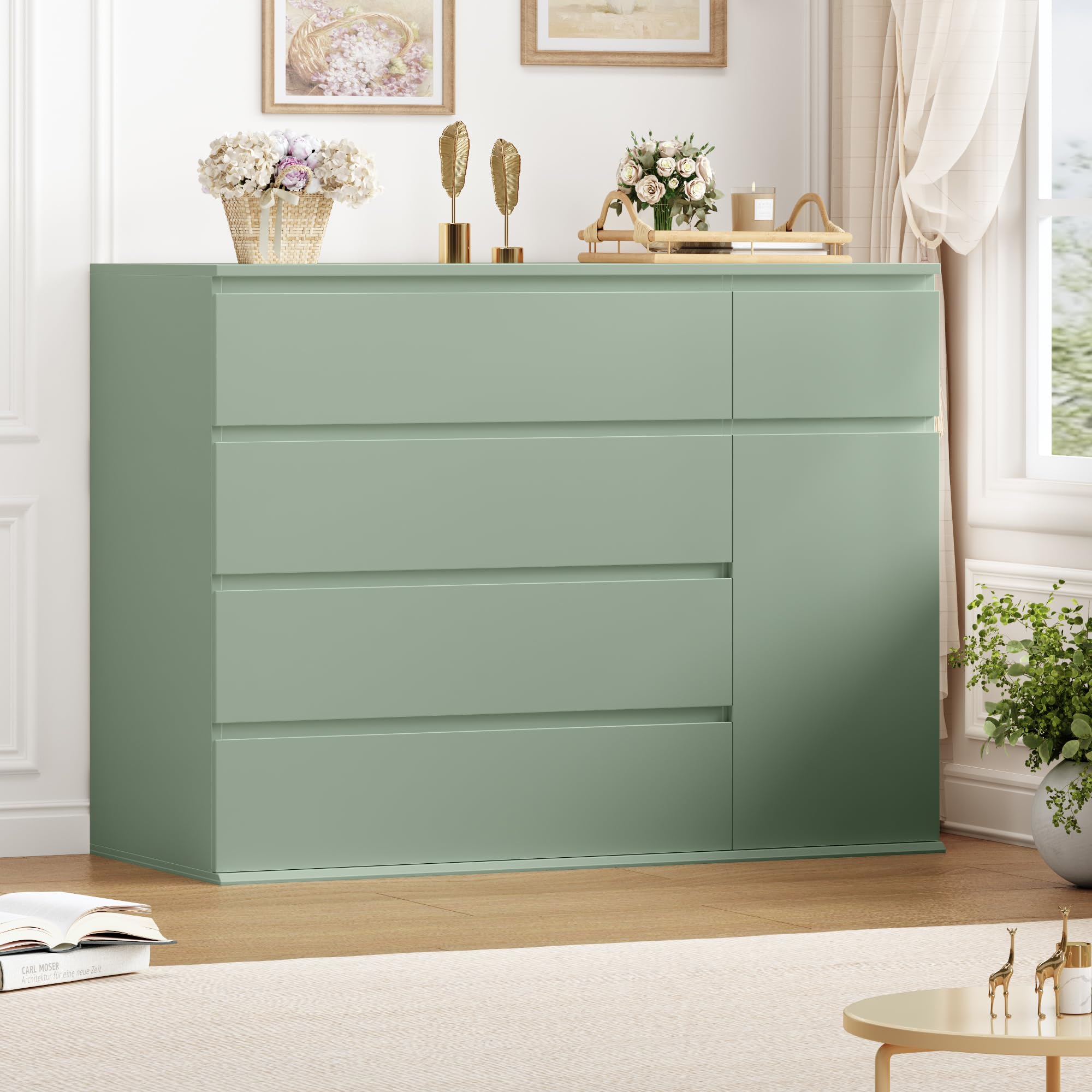 Green Dresser with Door and Deep Drawers