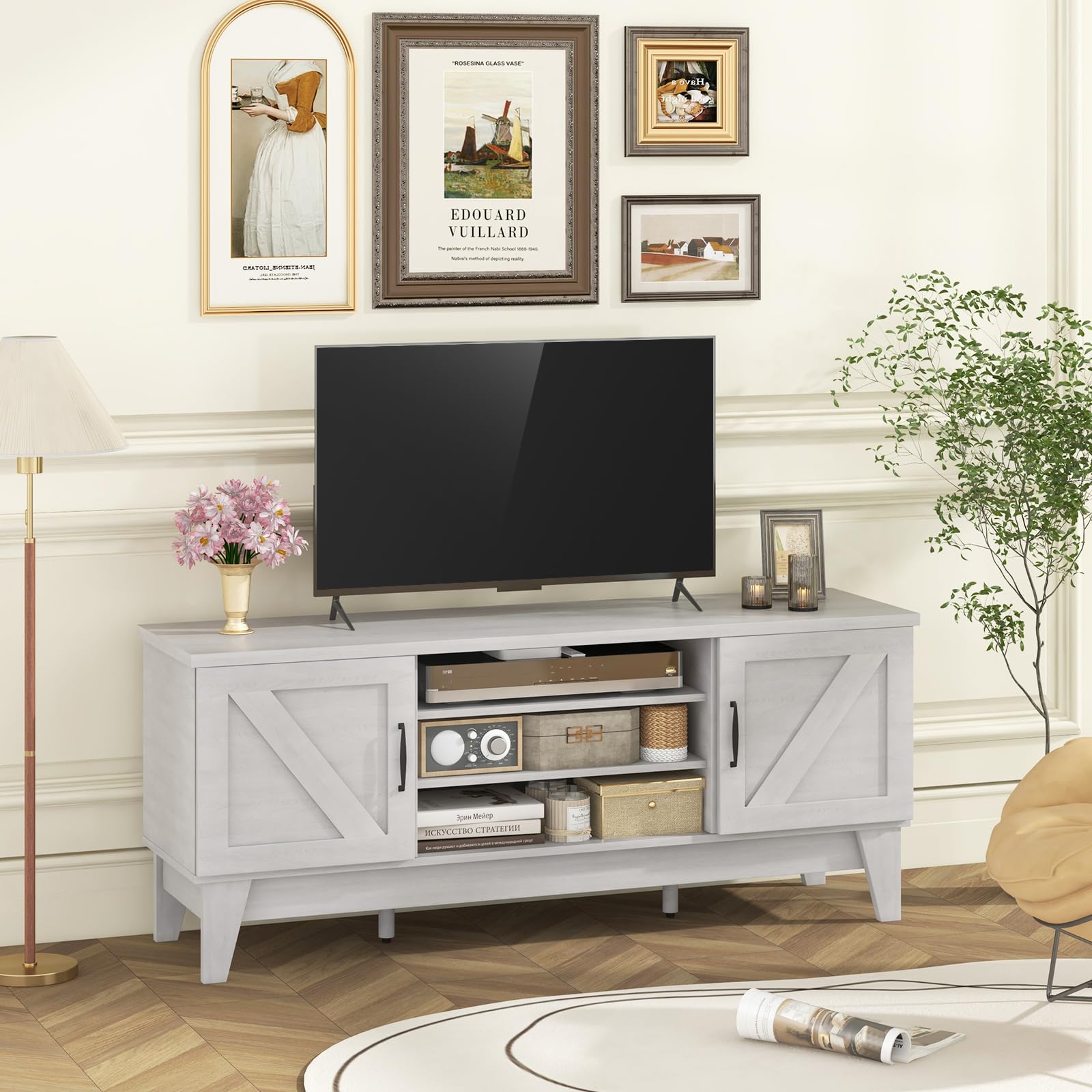 Farmhouse TV Stand for 65 Inch TVs with Barn Door Cabinets