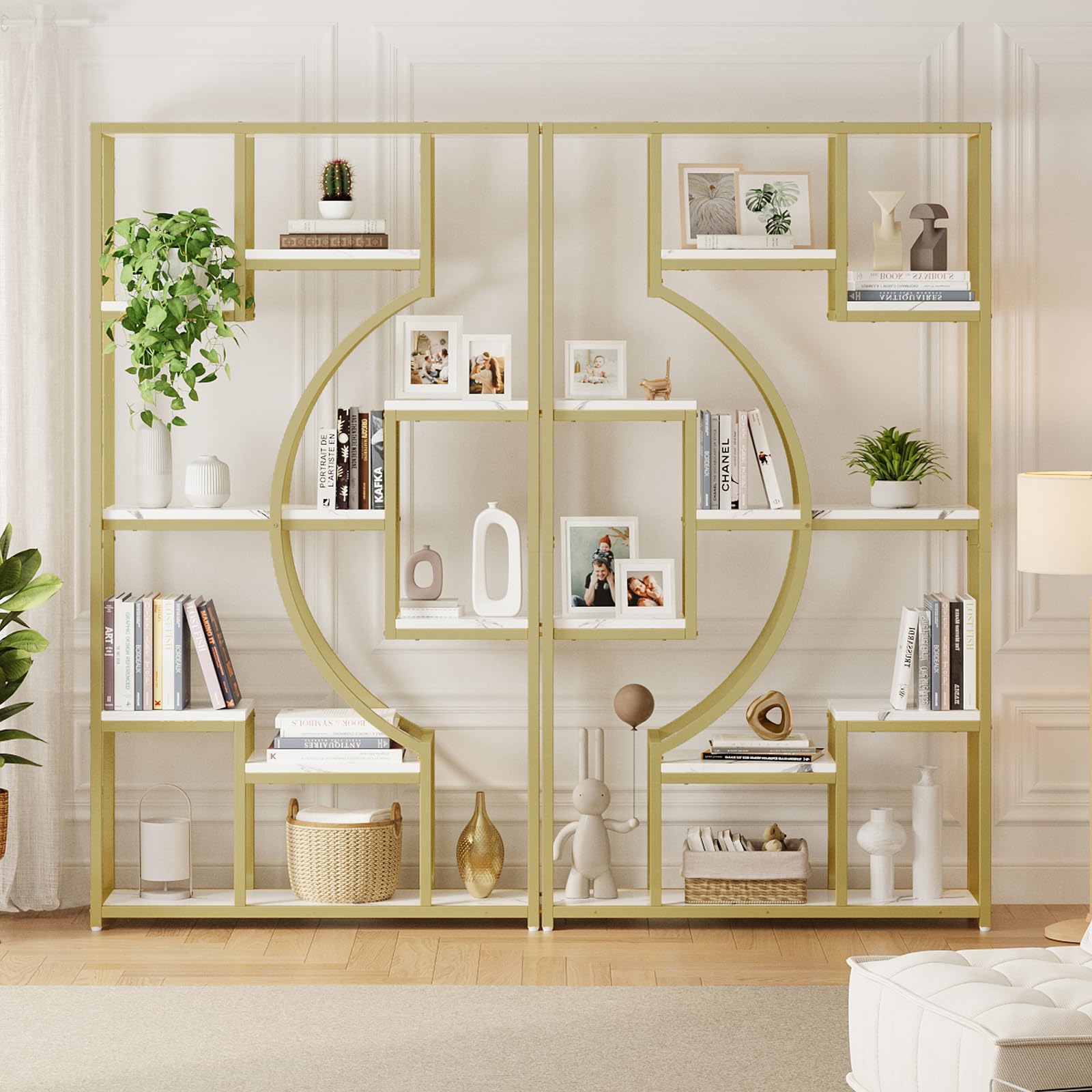 70.8 Inch Tall Etagere Bookcase Set of 2 White Gold